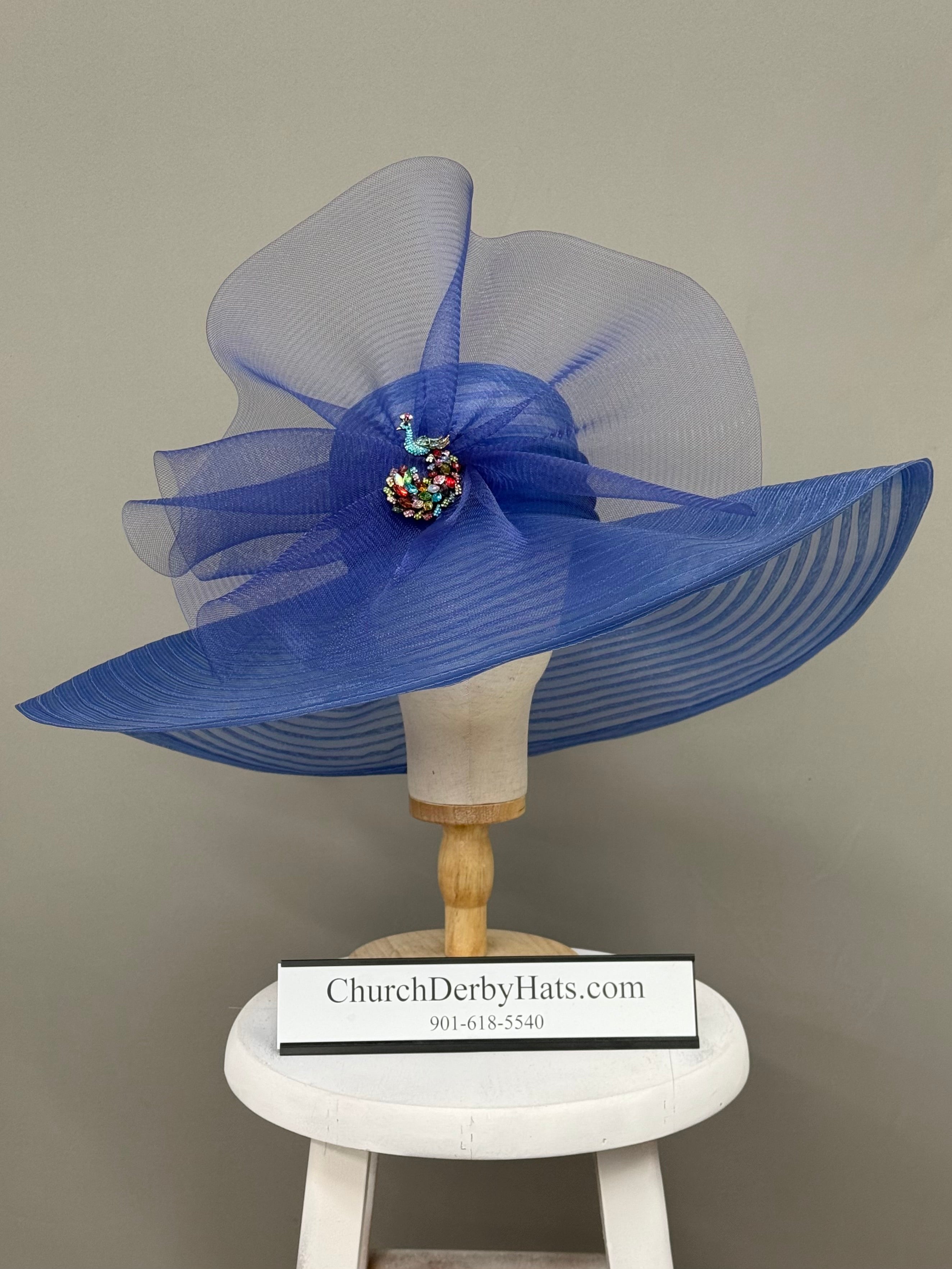 Peacock Brooch Royal Blue Horsehair - Kentucky Derby Hat - Church Hat
