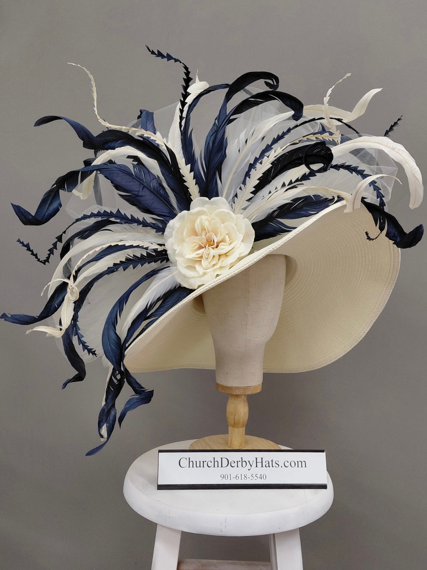 Purslane Ivory Navy Blue - Church Derby Hat