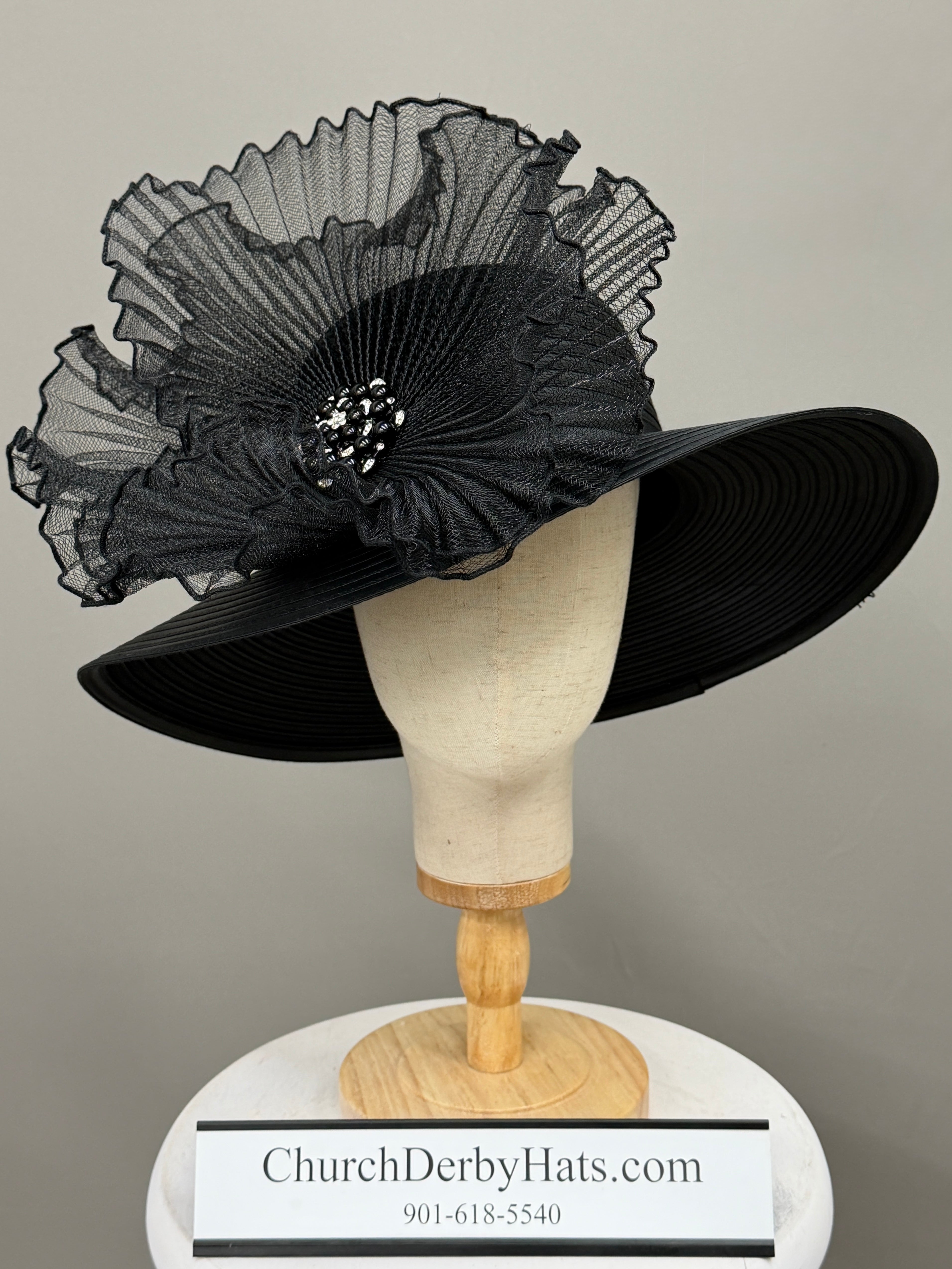 Black Satin Ribbon with Brooch - Church Derby Hat