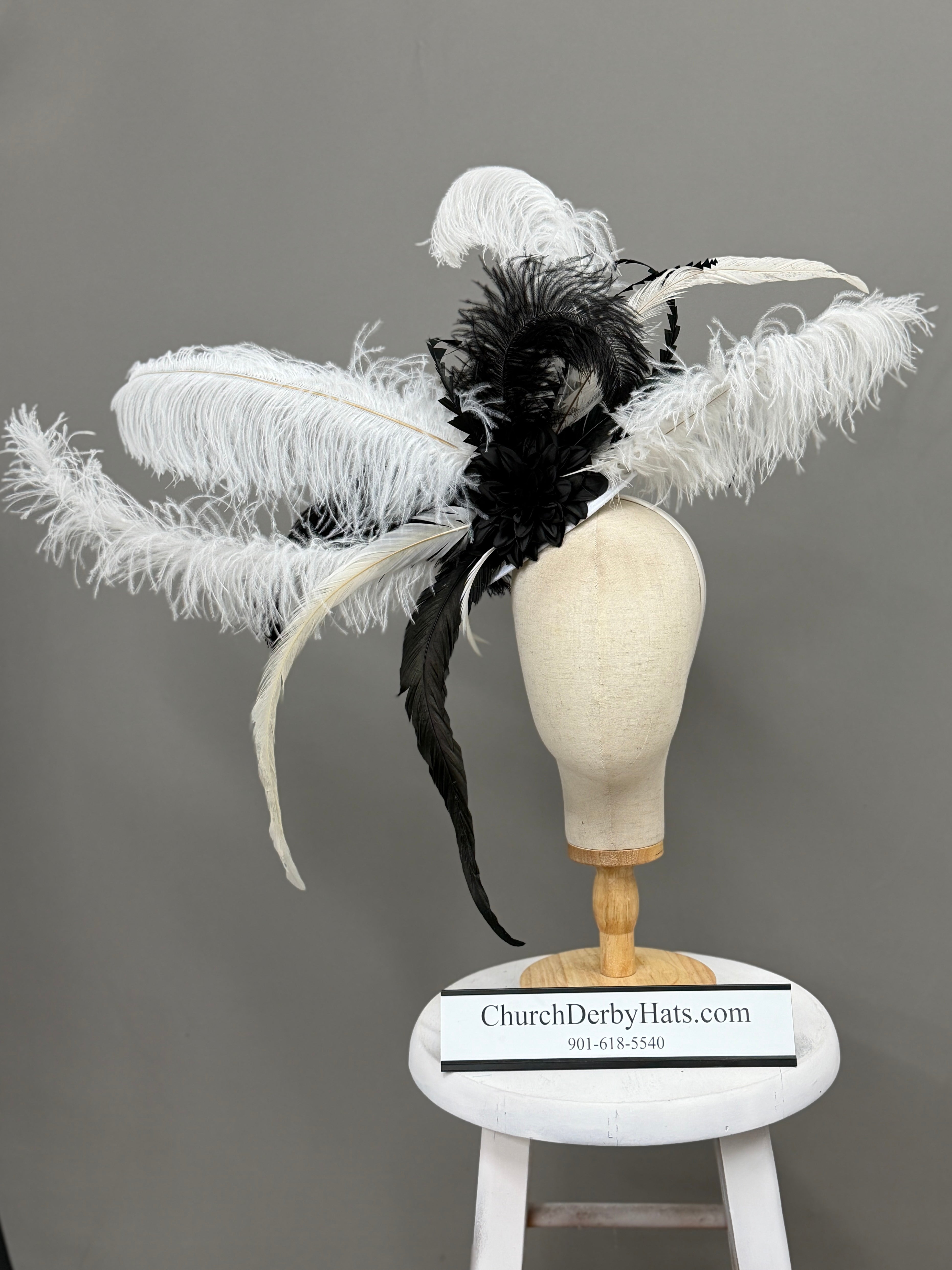 Masquerade by Vance - Couture Millinery Fascinator on Headband - Kentucky Derby Hat - Church Hat - Black and White