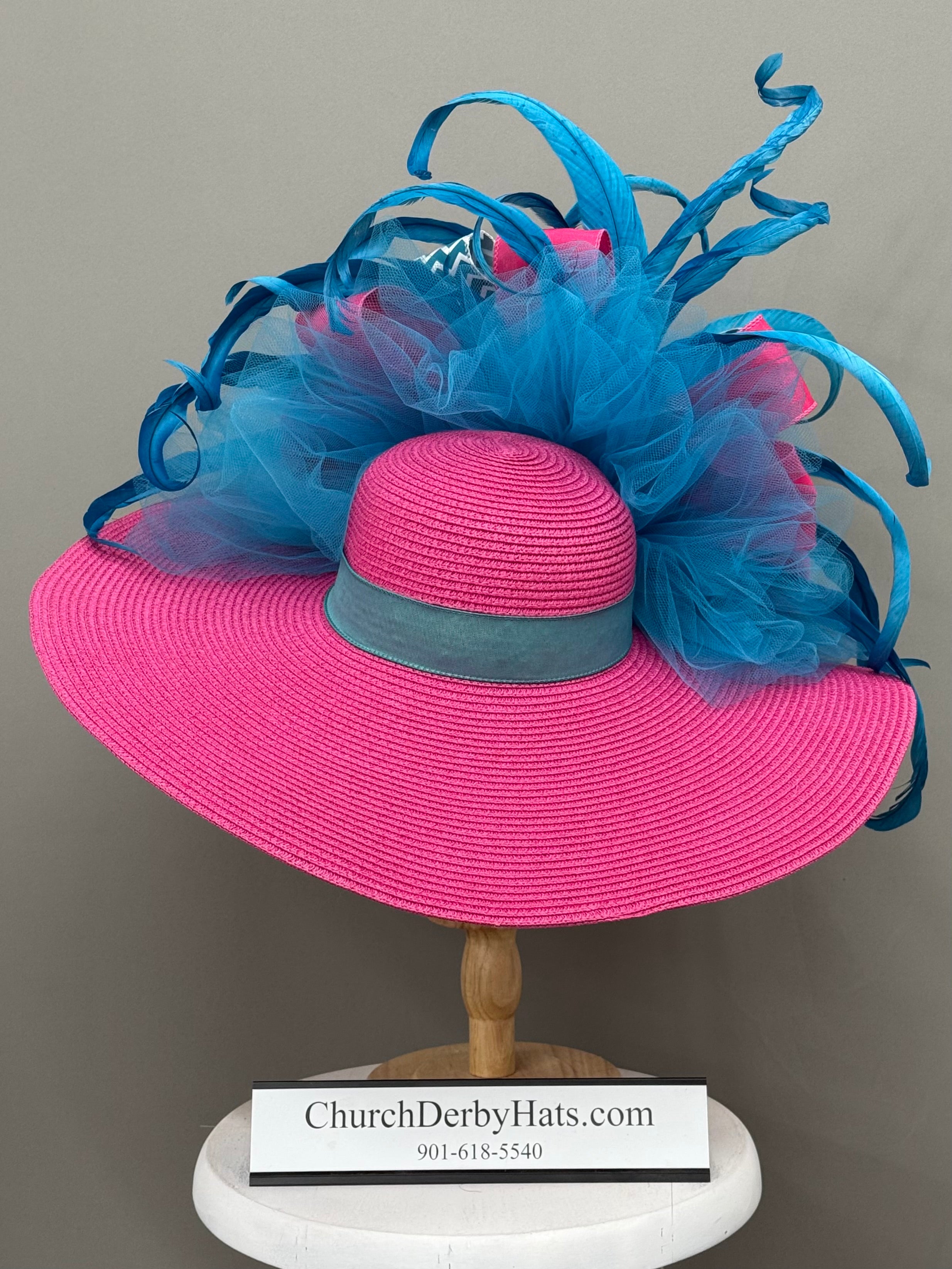 Mira - Pink Blue Kentucky Derby Hat - Church Hat