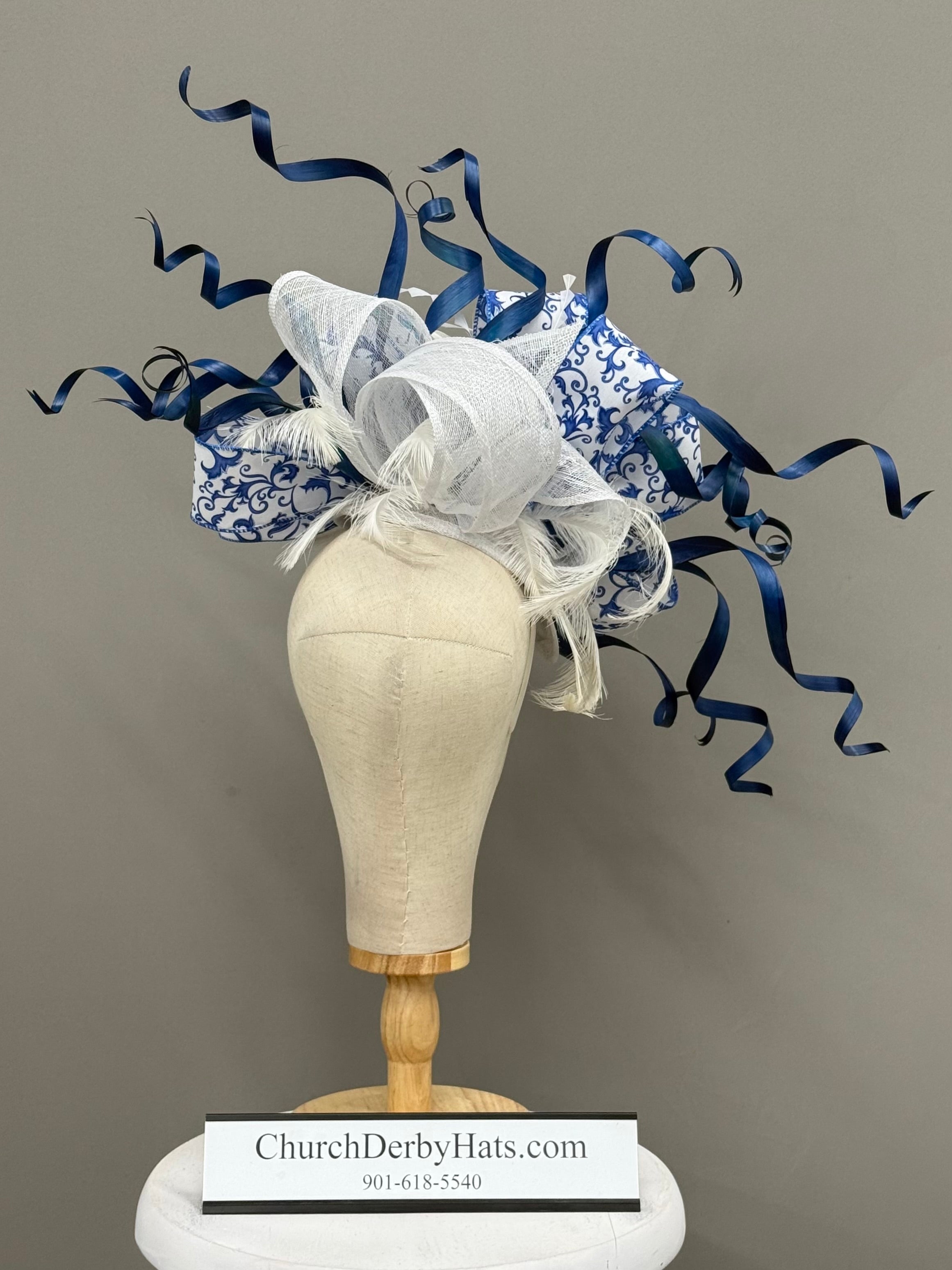 Mandy Blue White Fascinator on Headband