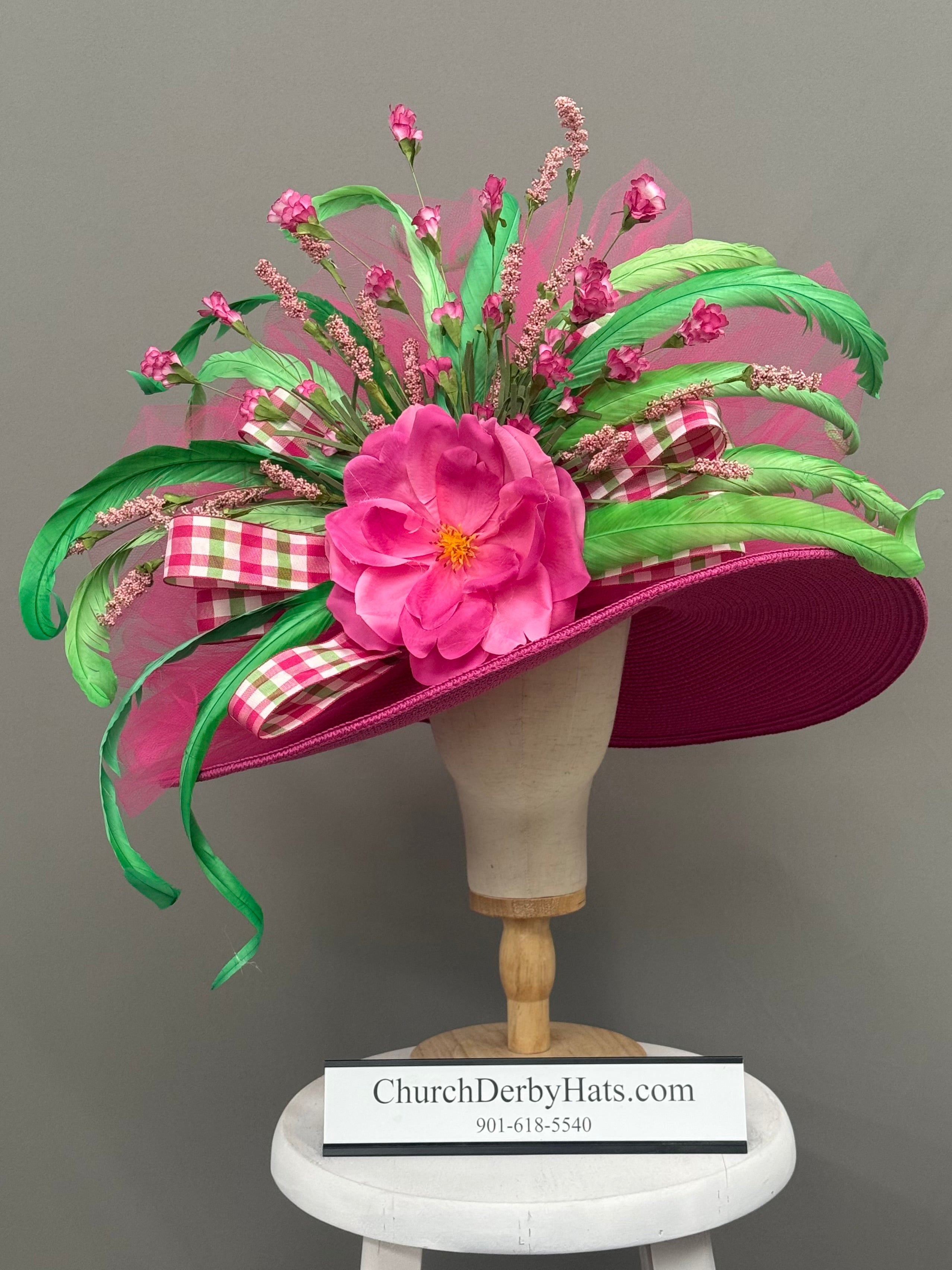 Glamorous - Pink Green Kentucky Derby Hat - Church Hat