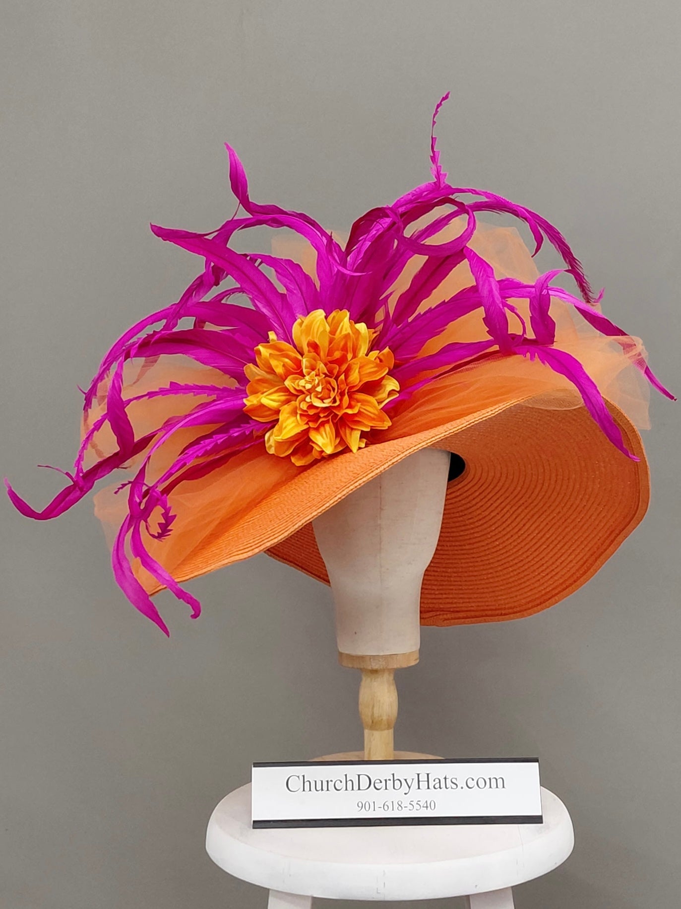 Lori - Bold Orange Fuchsia Kentucky Derby Hat - Church Hat