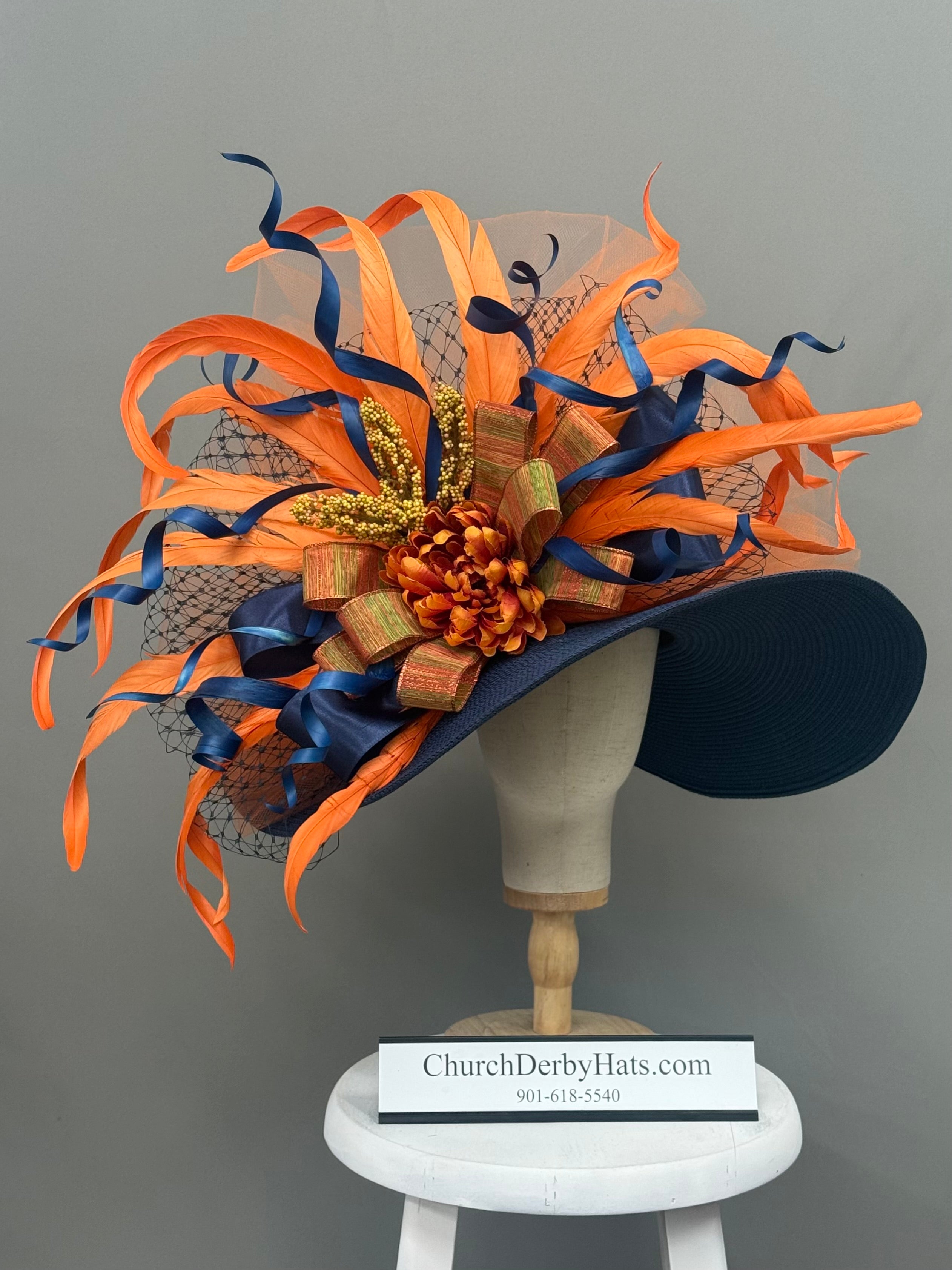 Navy Blue Orange Kentucky Derby Hat - Church Hat