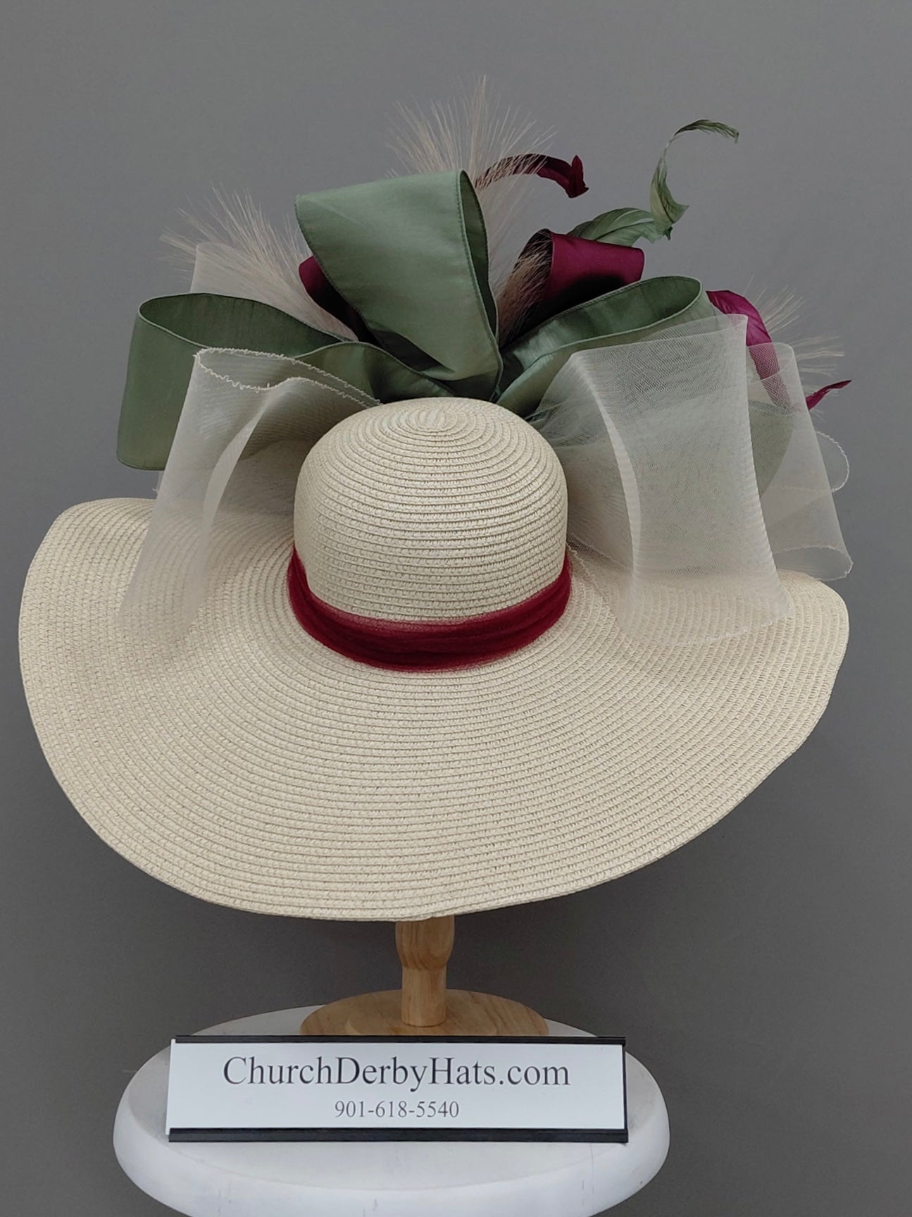 Mandy Burgundy Ivory Green - Kentucky Derby Hat - Church Hat