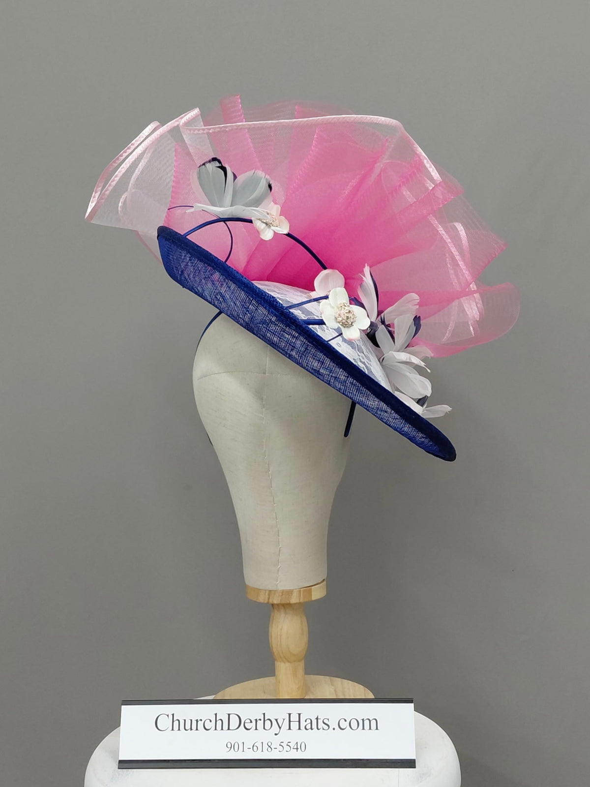 Cindy Navy White Pink - Kentucky Derby Fascinator on Headband