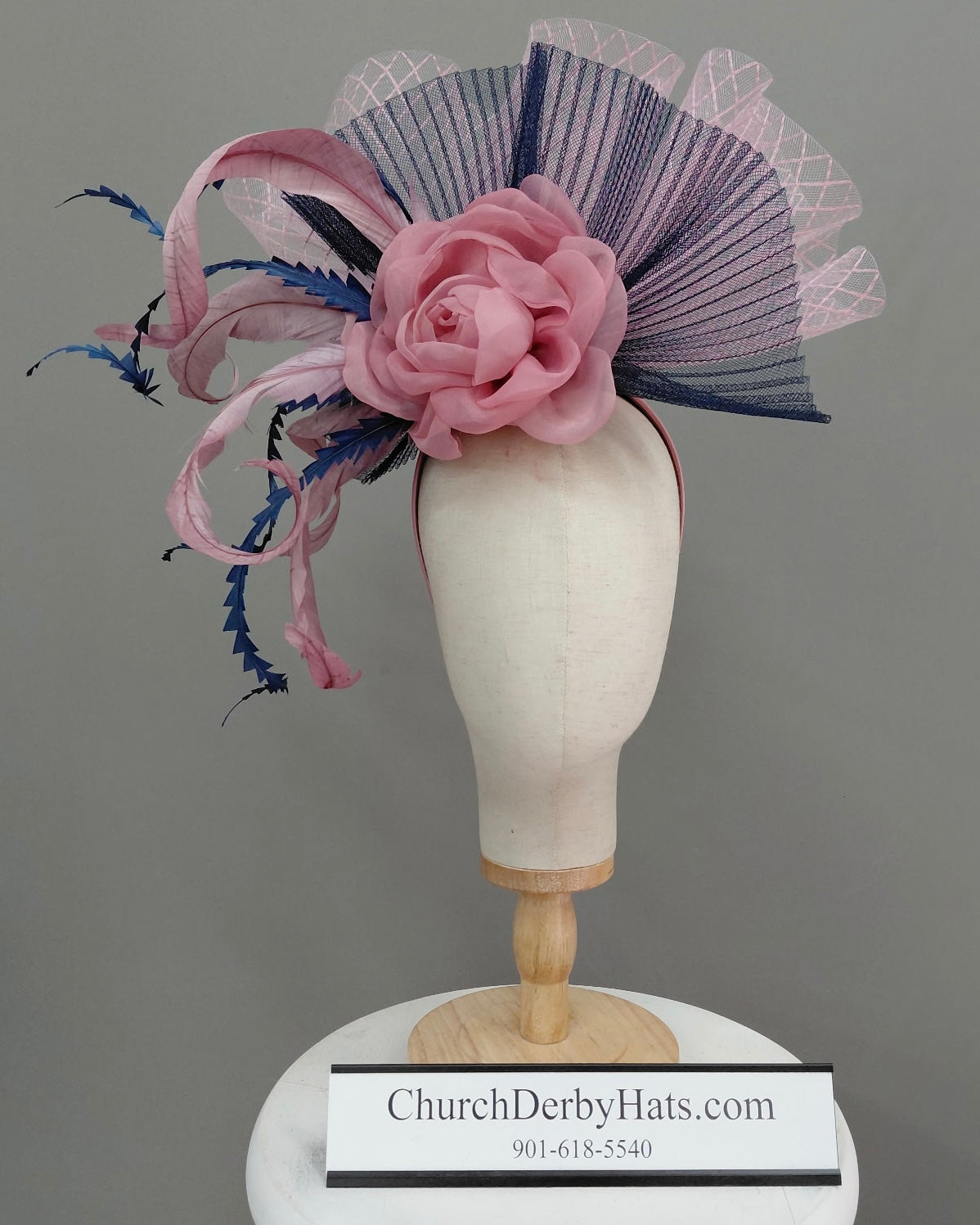 Darla - Pink Navy Blue Fascinator on Headband - Kentucky Derby Hat