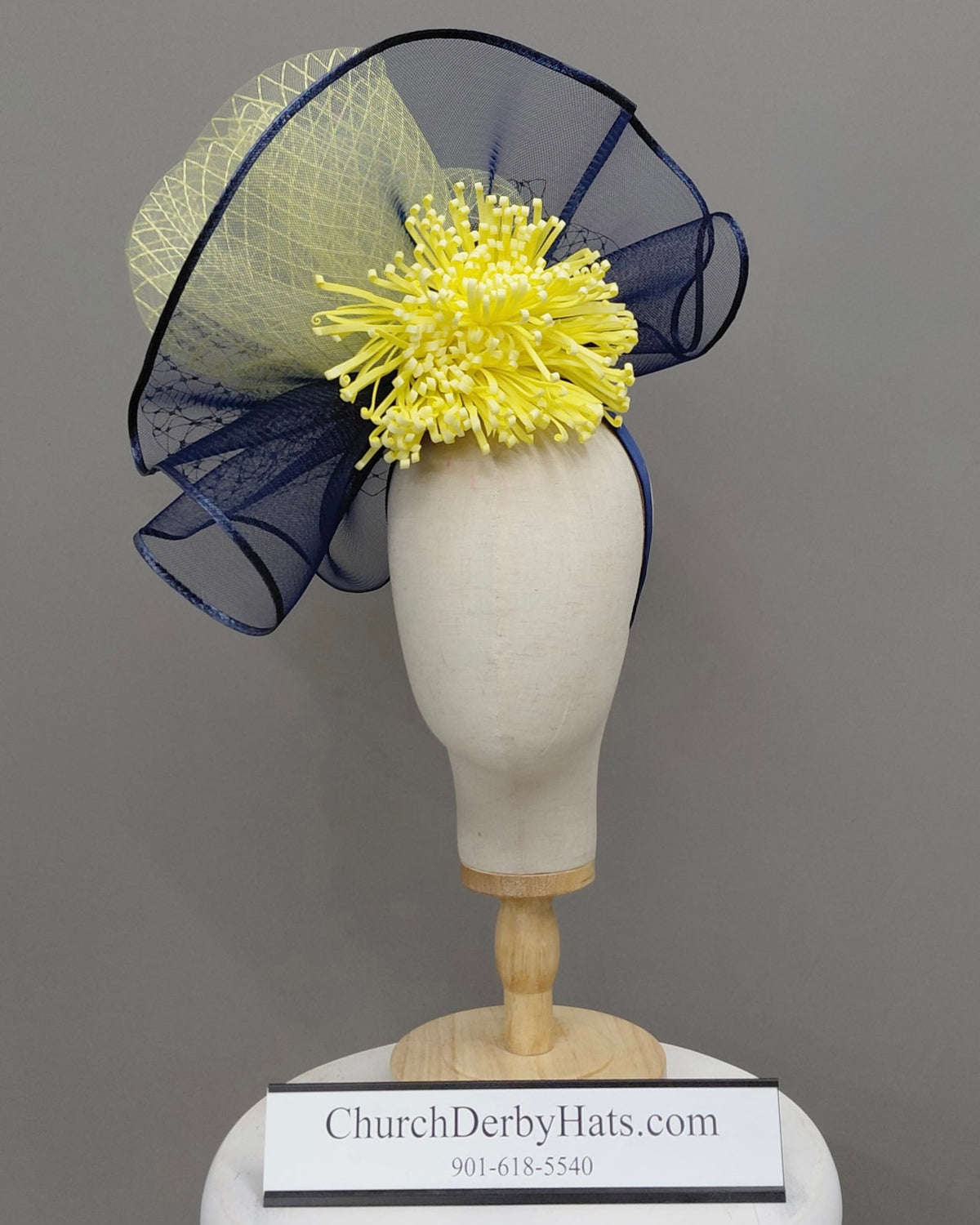 Hannah Yellow Navy Fascinator on Headband
