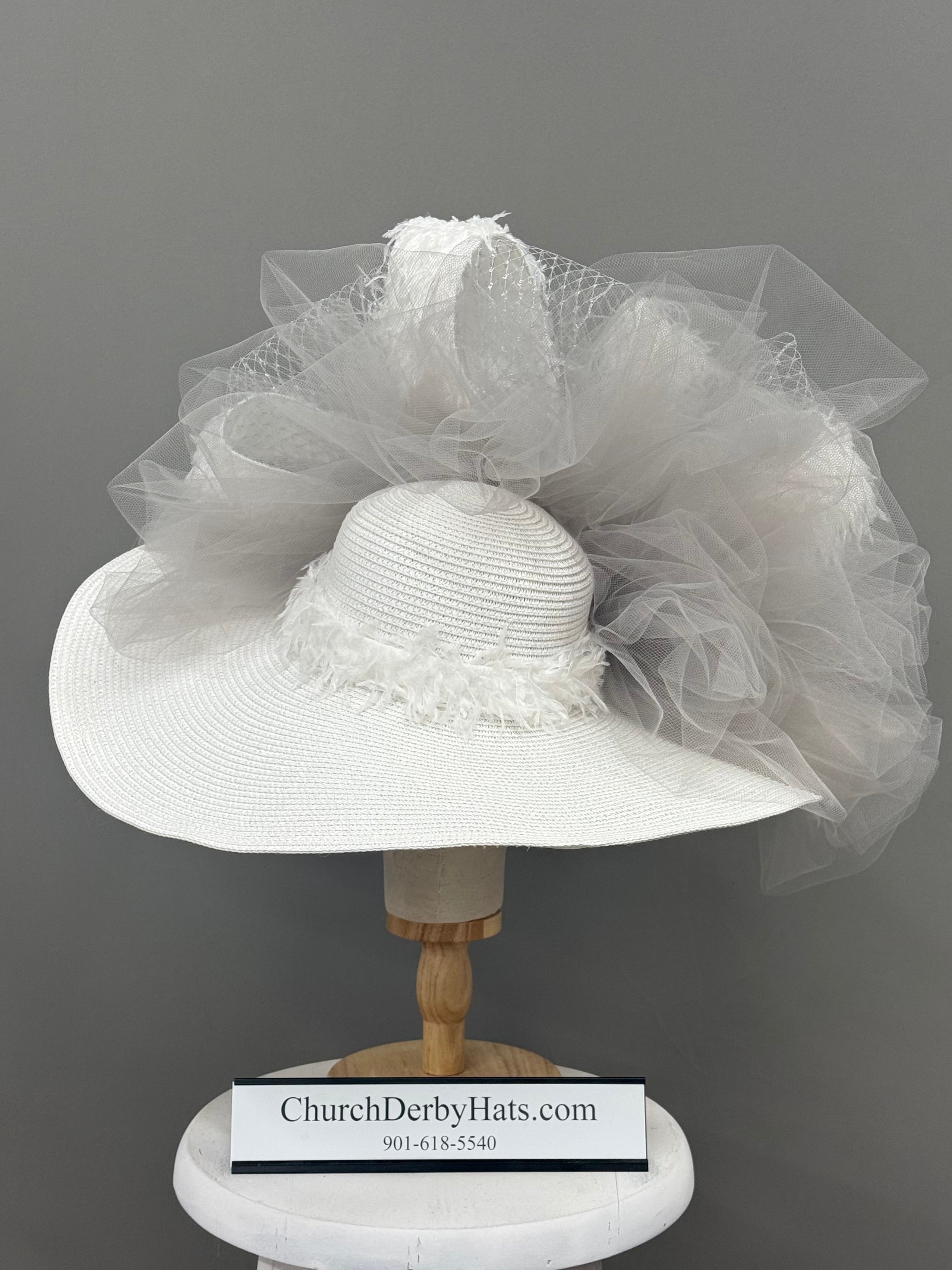 Elizabeth White Gray Silver - Elegant Church Derby Hat