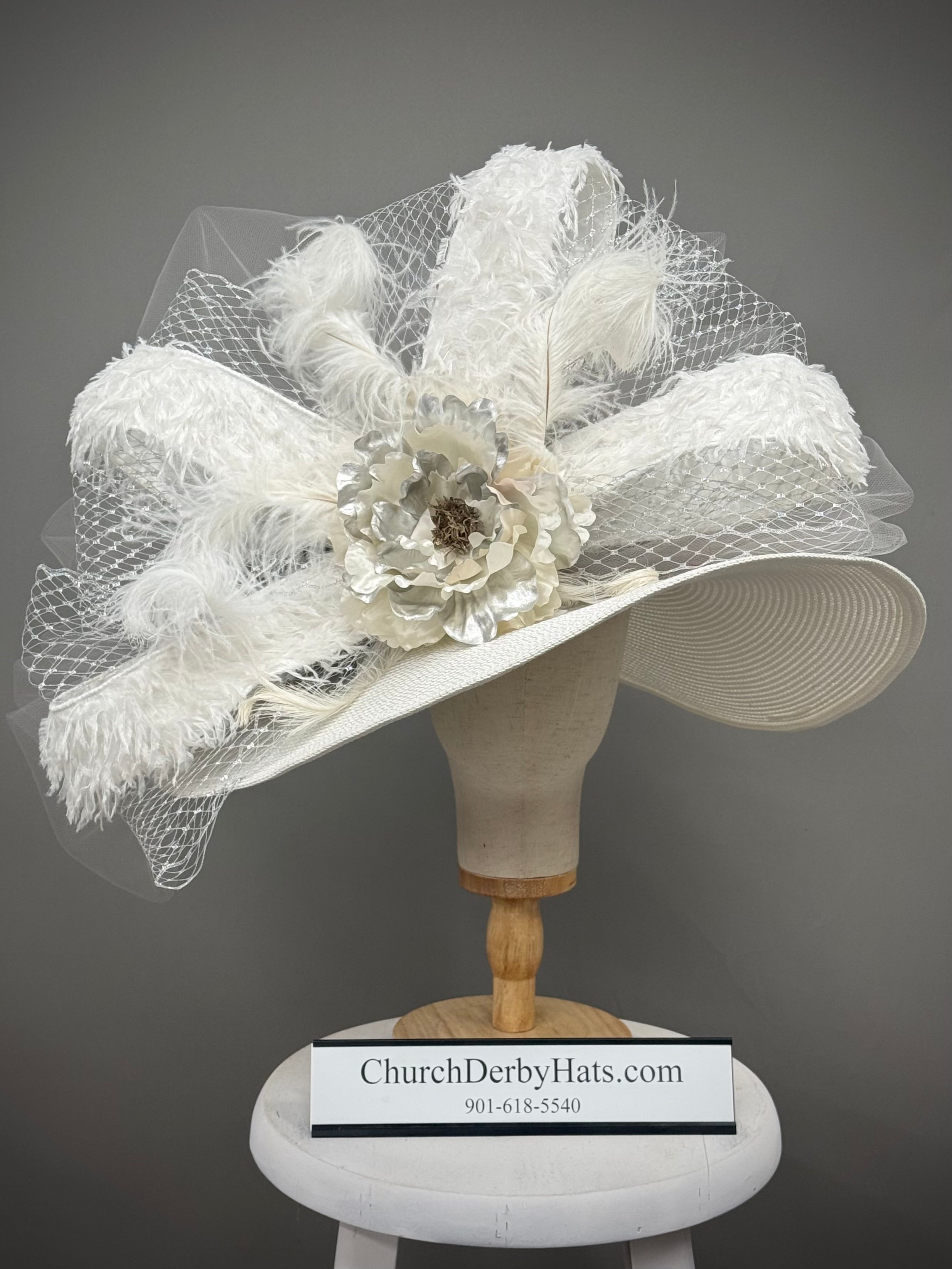 Elizabeth White Gray Silver - Elegant Church Derby Hat