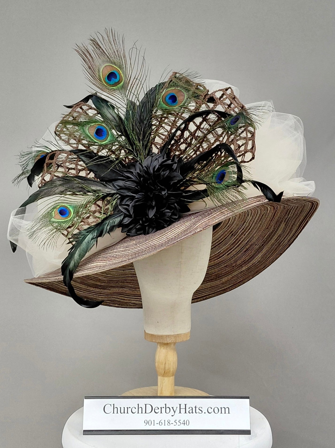Tiger - Kentucky Derby Hat with Black Brown and Peacock Feathers
