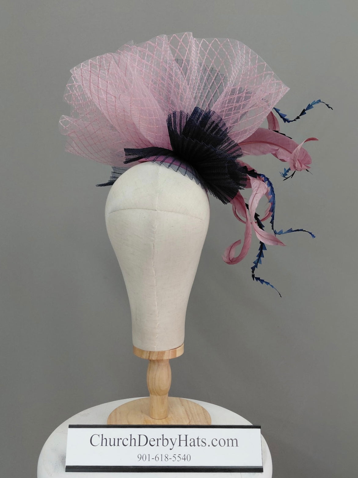 Darla - Pink Navy Blue Fascinator on Headband - Kentucky Derby Hat
