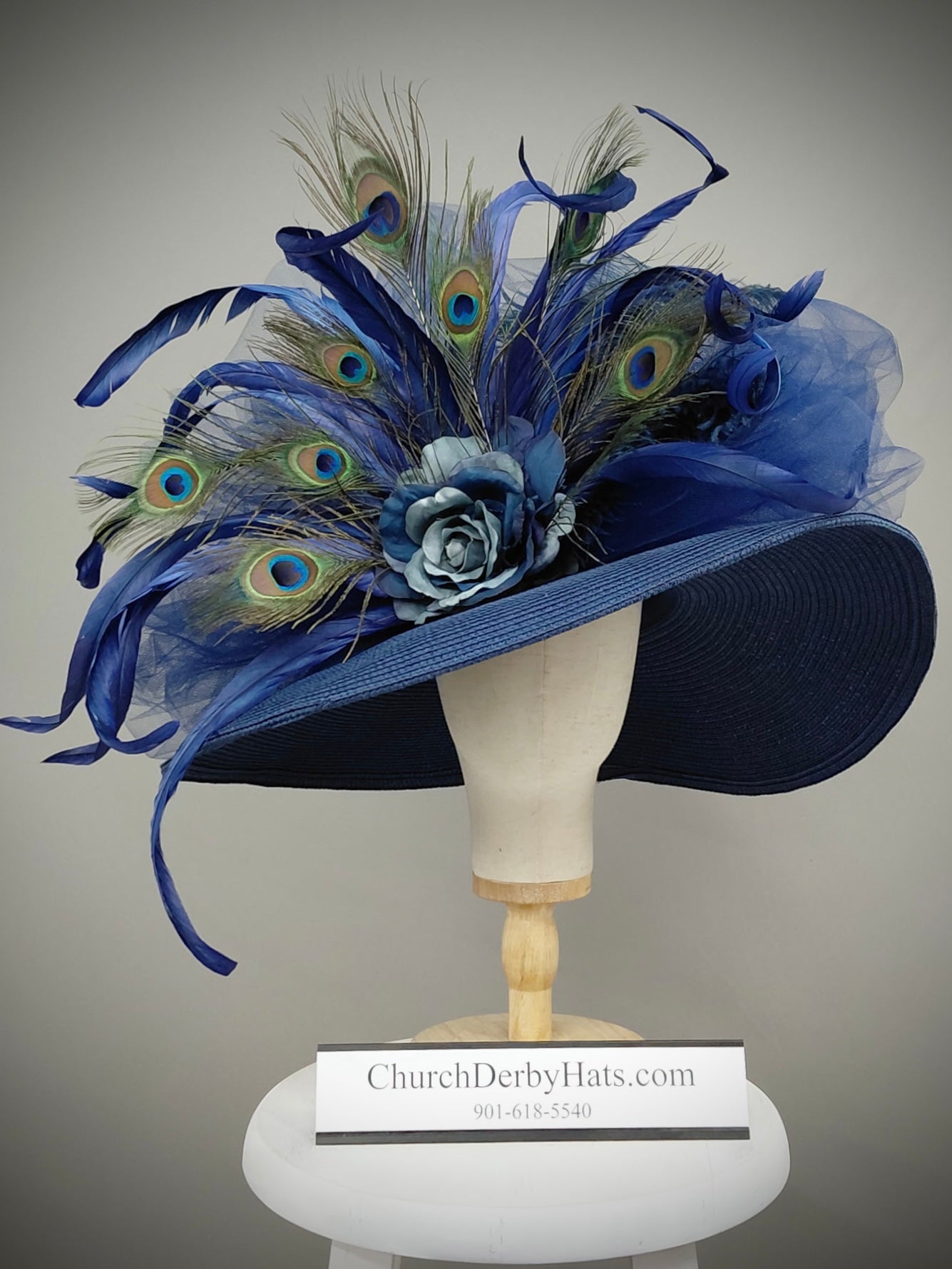 Hagen - Navy Blue Kentucky Derby Hat - Church Hat With Peacock Feathers