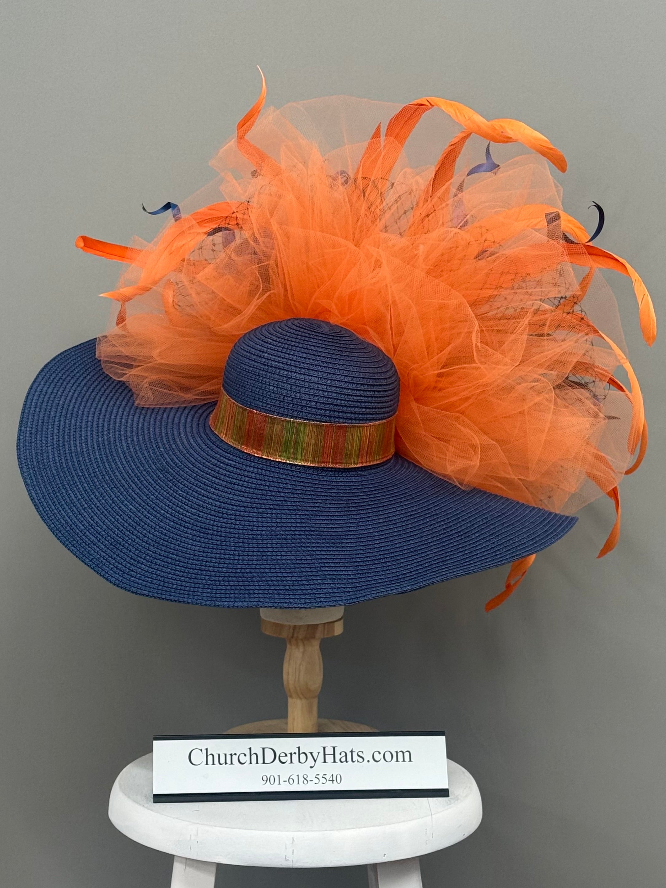 Navy Blue Orange Kentucky Derby Hat - Church Hat