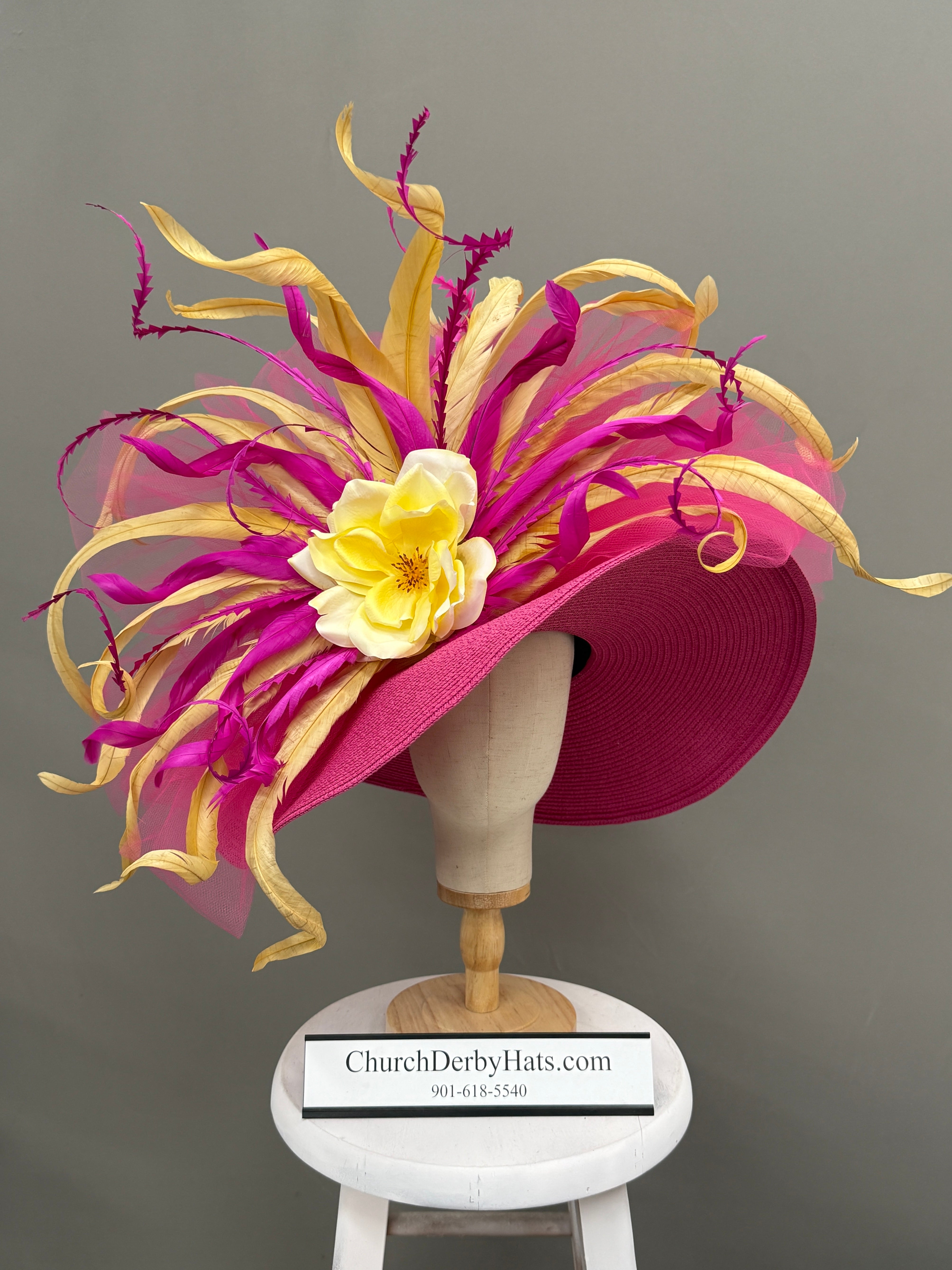 Jenelle - Pink Yellow Church Derby Hat