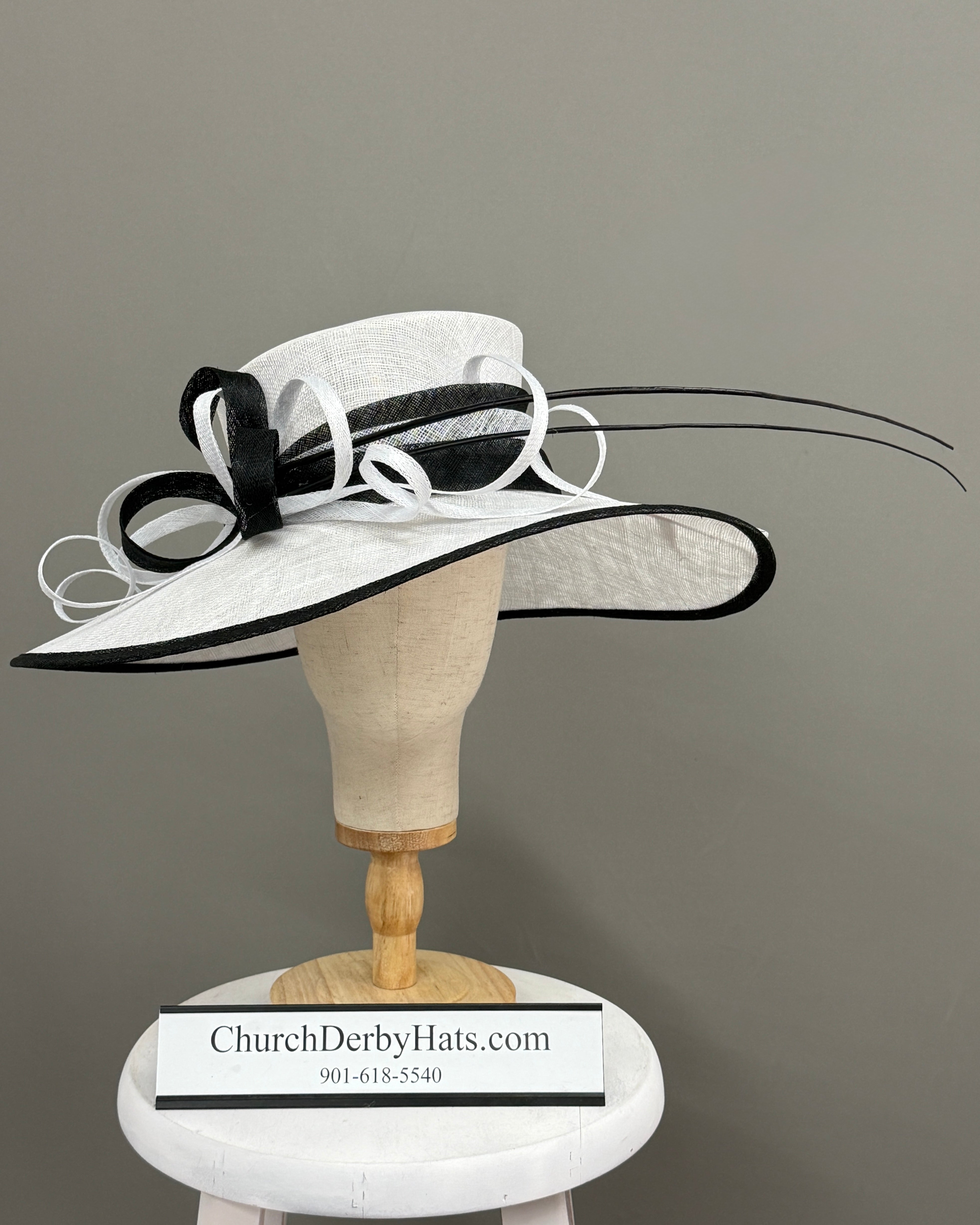 Elizabeth Black White Sinamay - Church Derby Hat