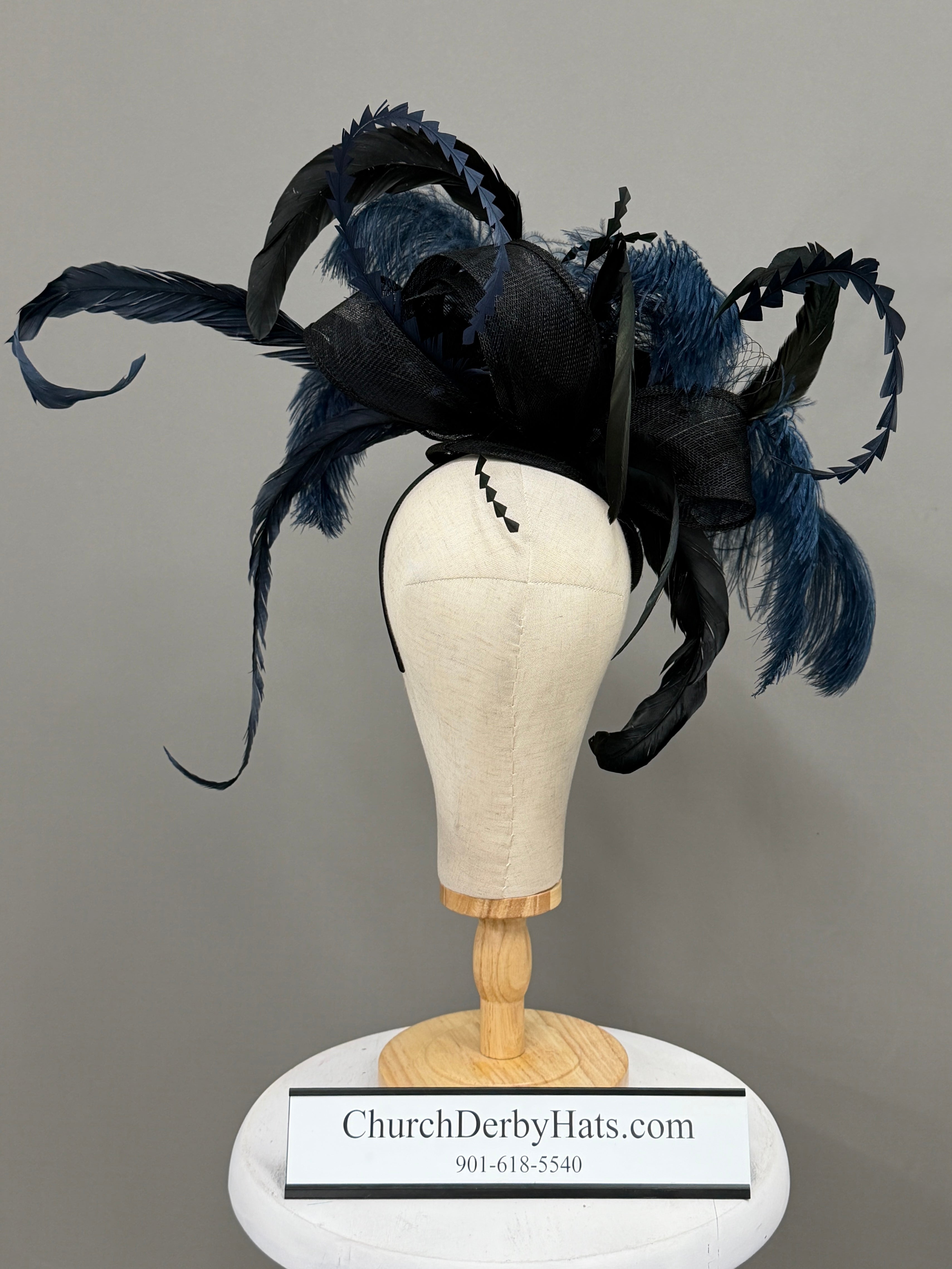 Midnight by Vance - Couture Millinery Fascinator on Headband - Church Hat - Kentucky Derby Hat Navy and Black
