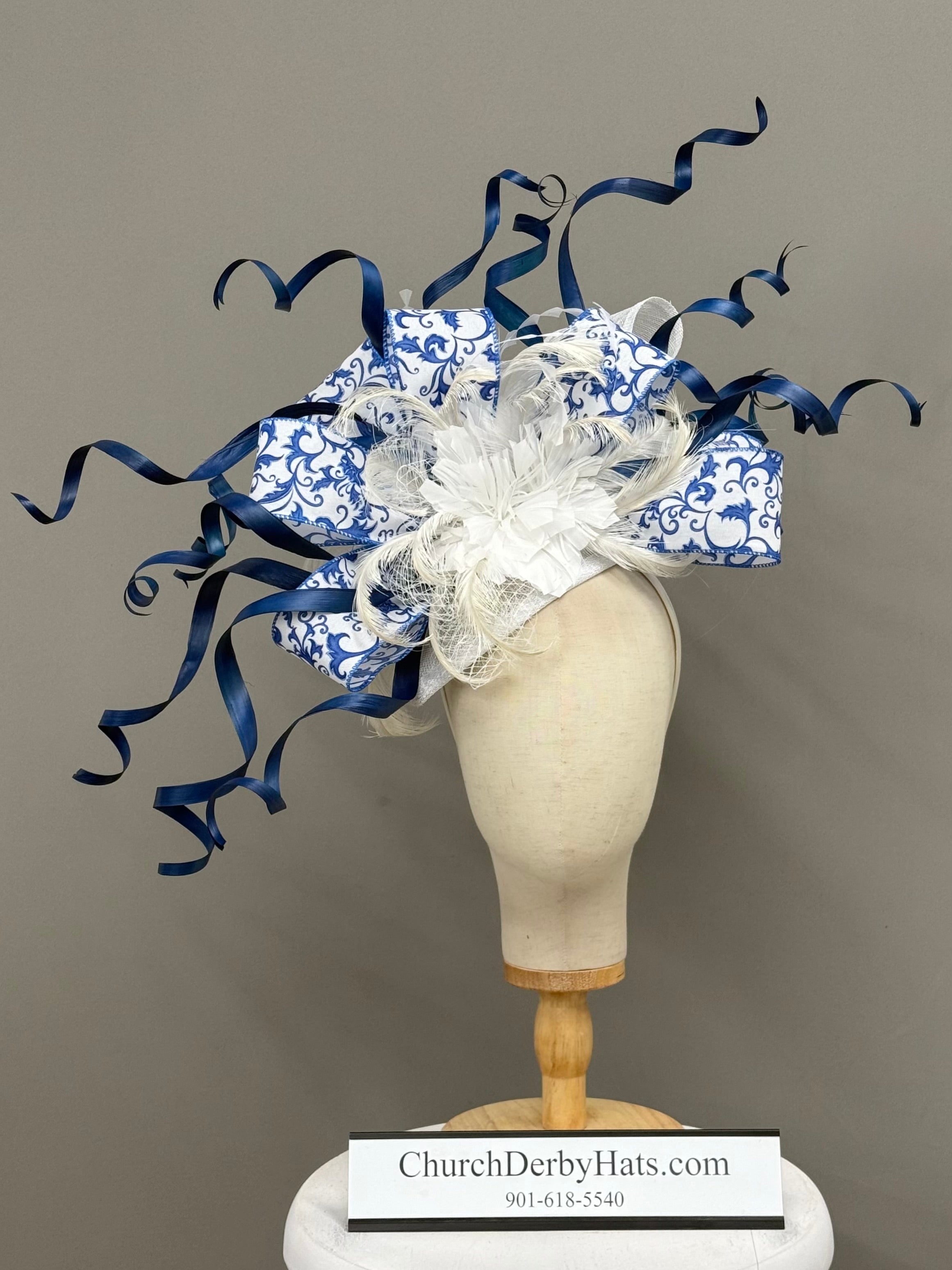 Mandy Blue White Fascinator on Headband