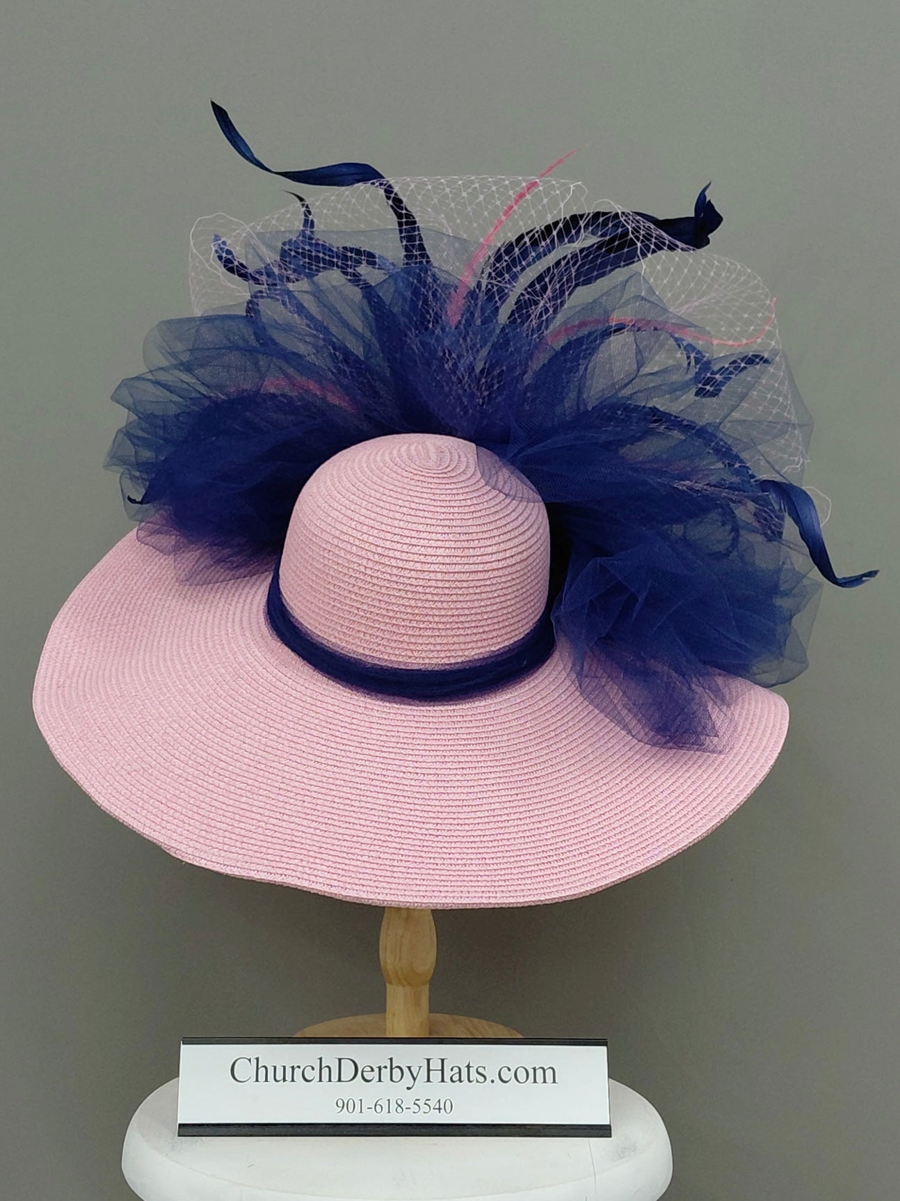 Jina - Kentucky Derby Hat - Pink Navy Blue Church Hat
