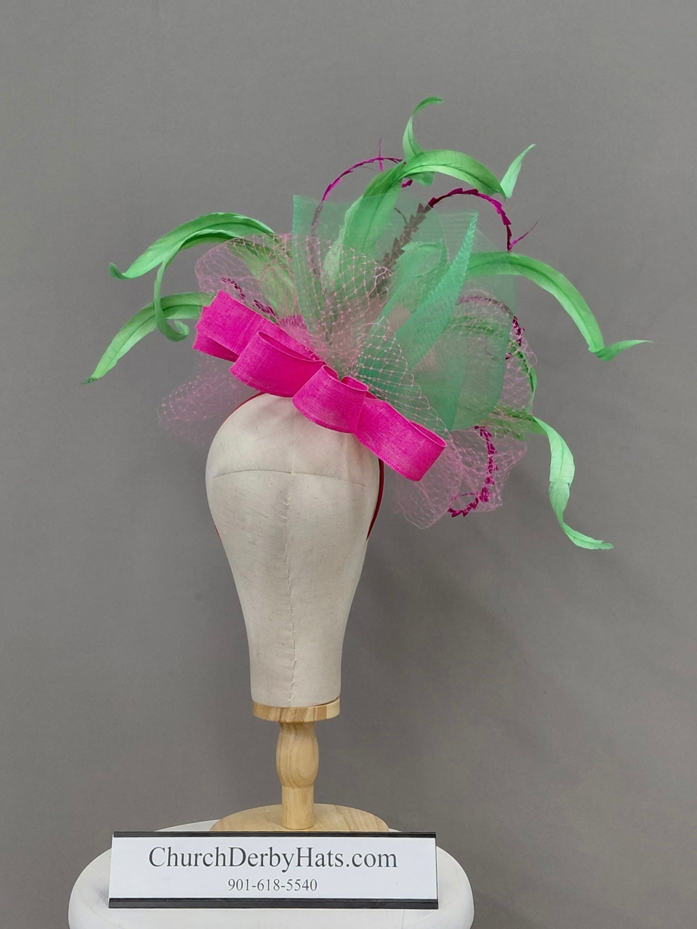 Pink Green Fascinator on Headband - Kentucky Derby Hat