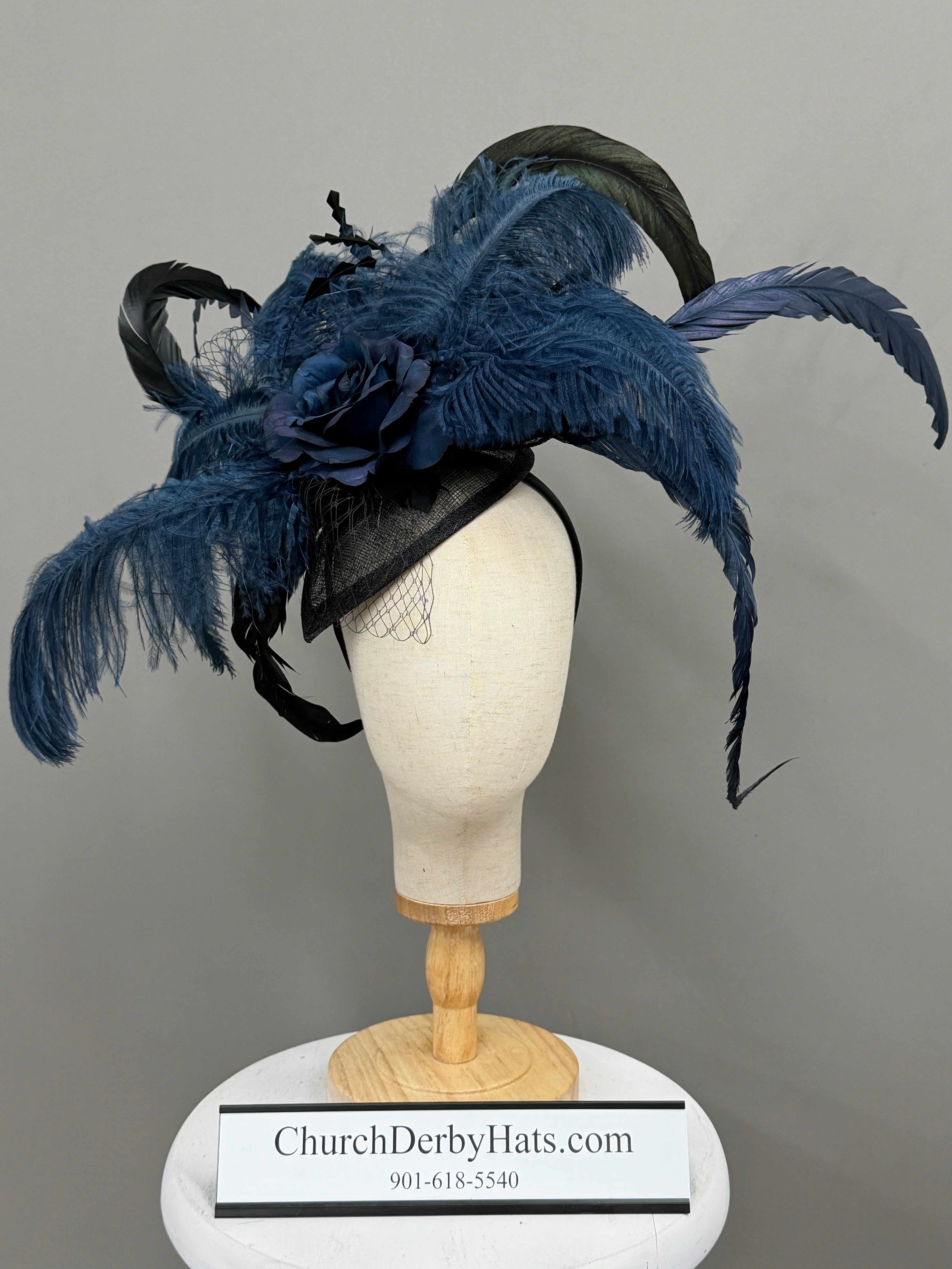 Midnight by Vance - Couture Millinery Fascinator on Headband - Church Hat - Kentucky Derby Hat Navy and Black