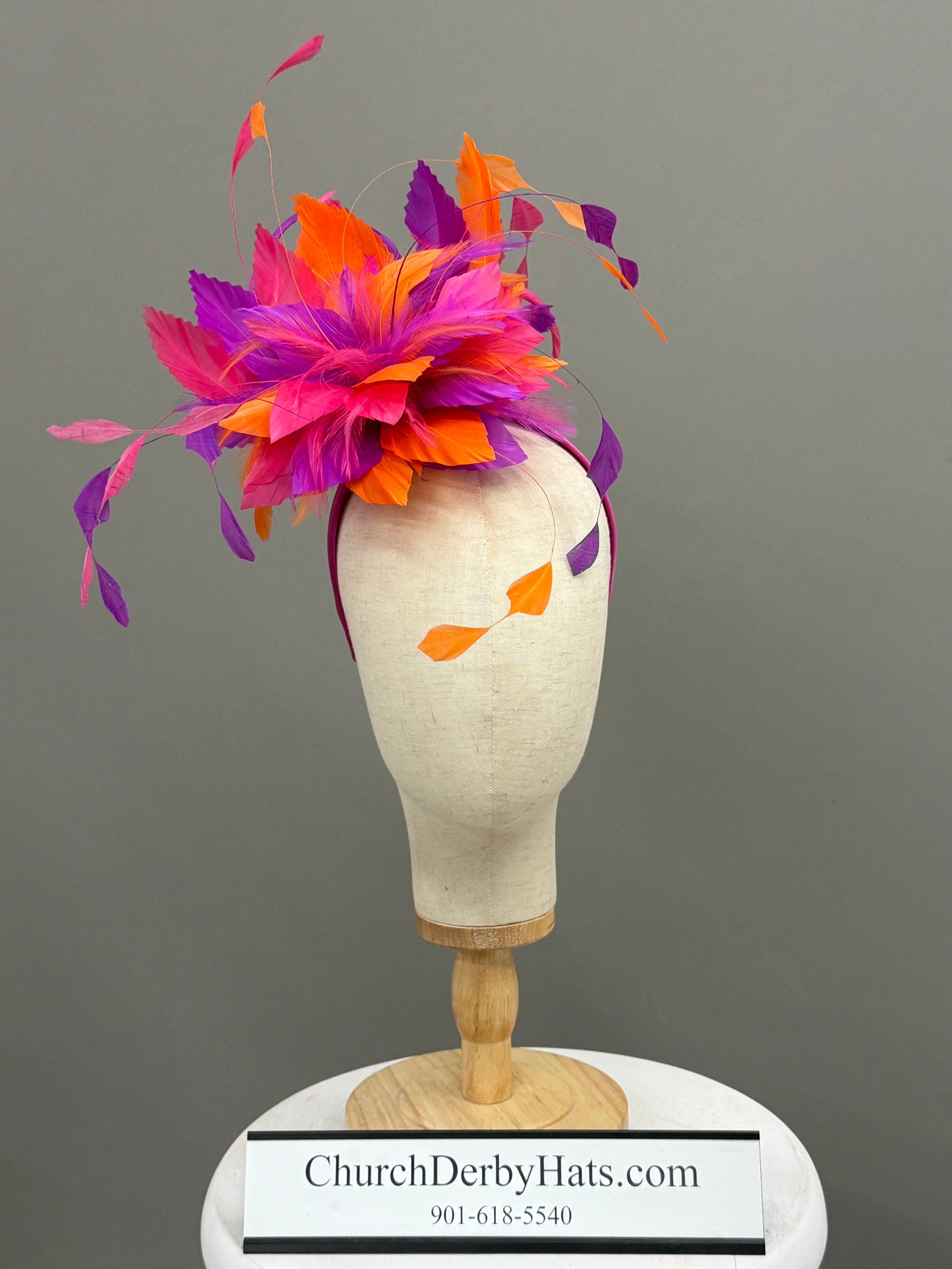 Orange Fuchsia Purple Feathered Fascinator