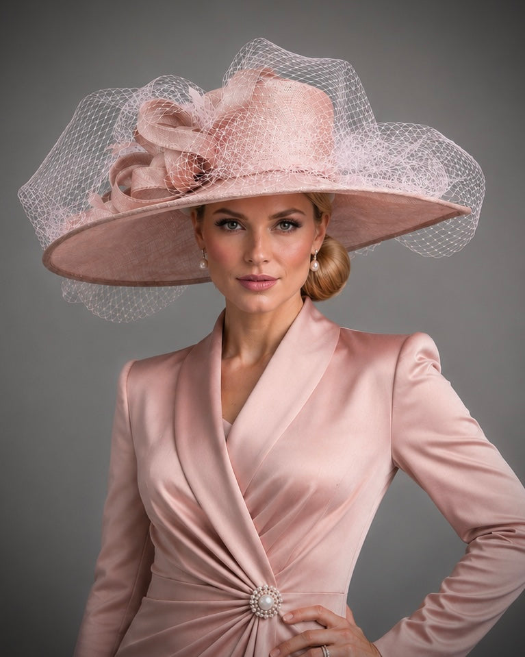 Marcella - Blush Pink Sinamay Hat with French Netting