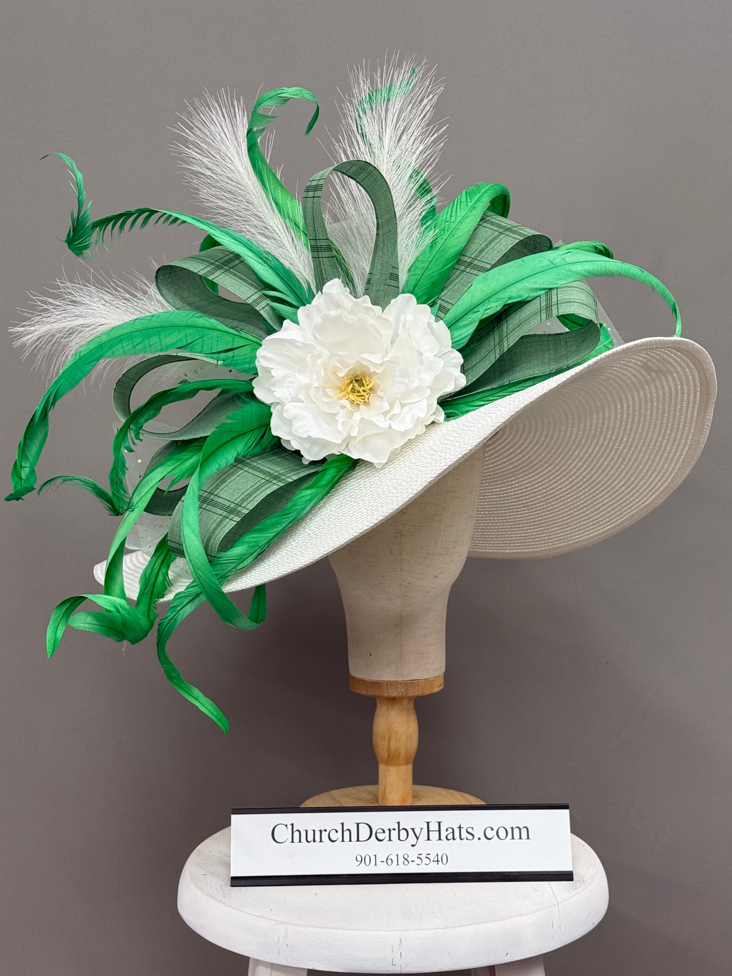 Pioni Green White - Kentucky Derby Hat - Church Hat