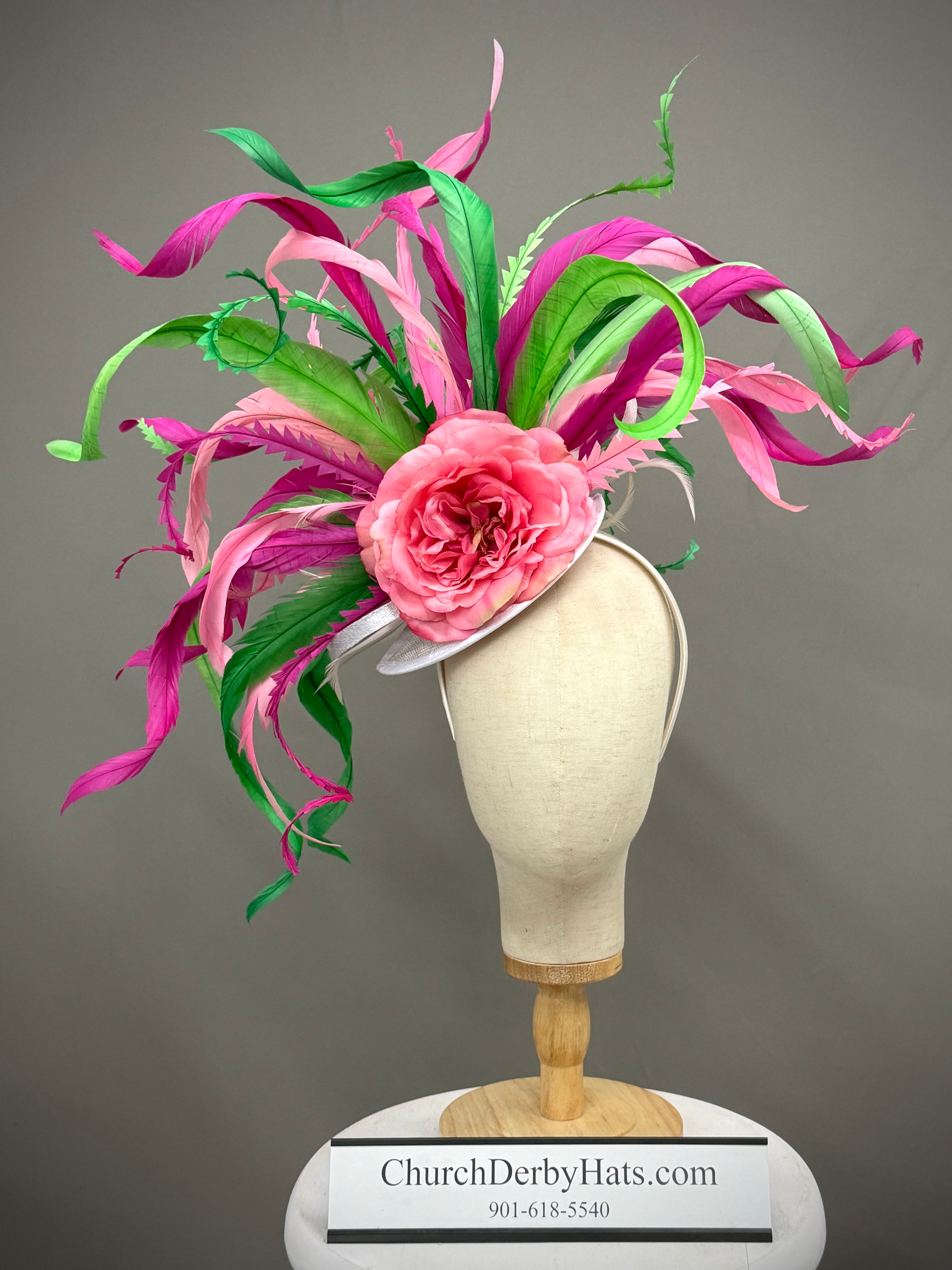 Poppy Pink Green Fascinator - Kentucky Derby Hat