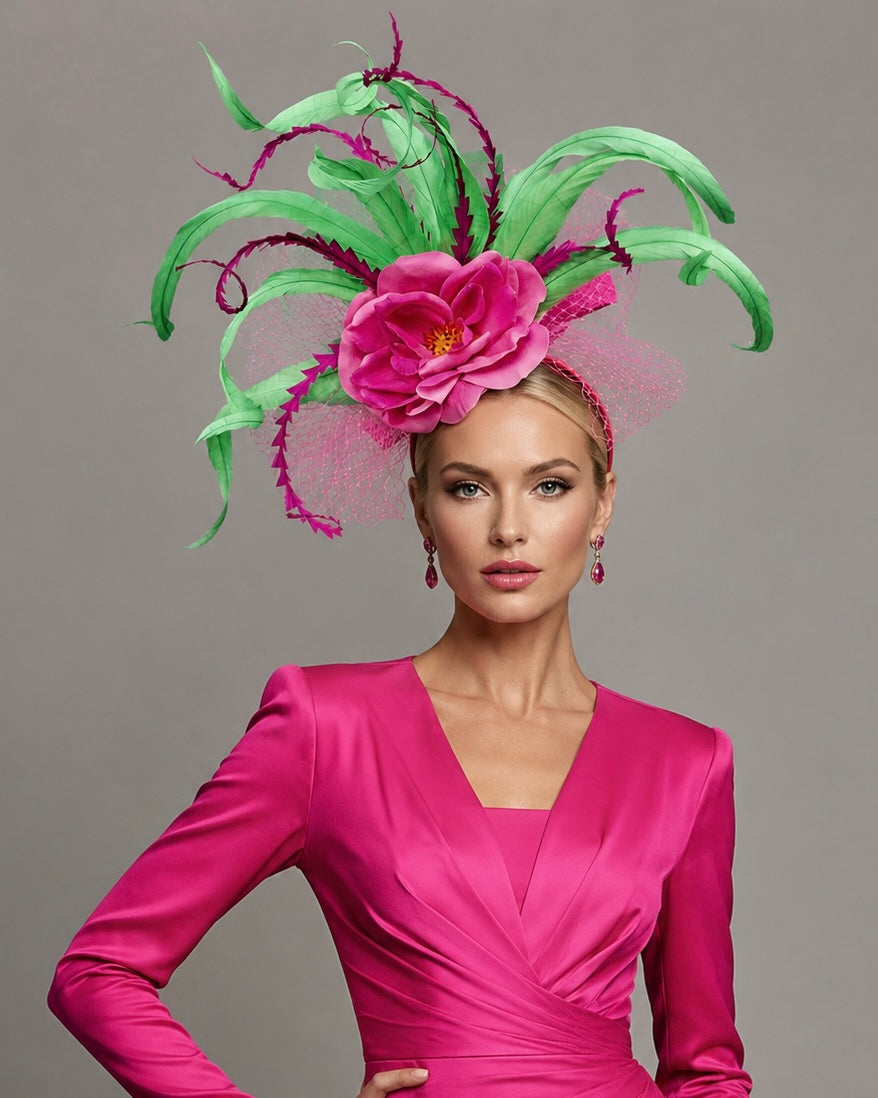 Pink Green Fascinator on Headband - Kentucky Derby Hat