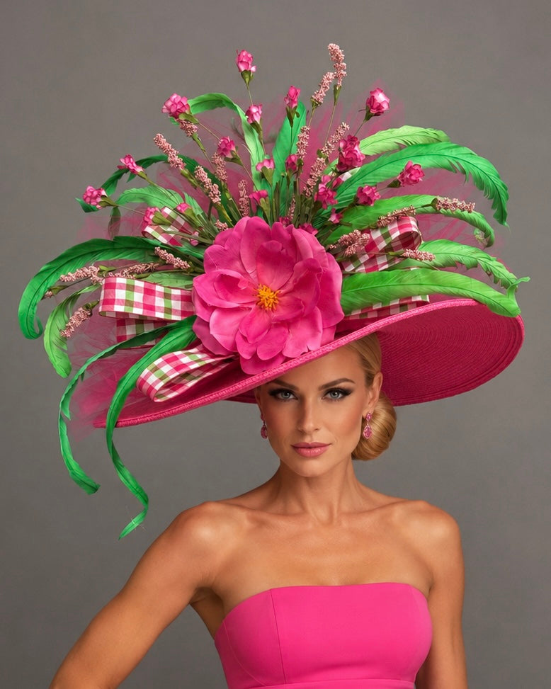 Glamorous - Pink Green Kentucky Derby Hat - Church Hat