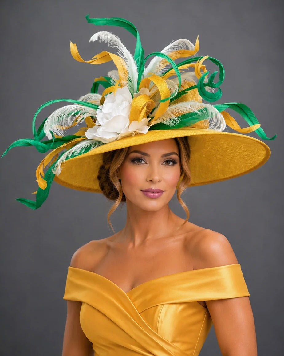 Clarissa Canary Yellow Green and White Sinamay - Church Derby Hat