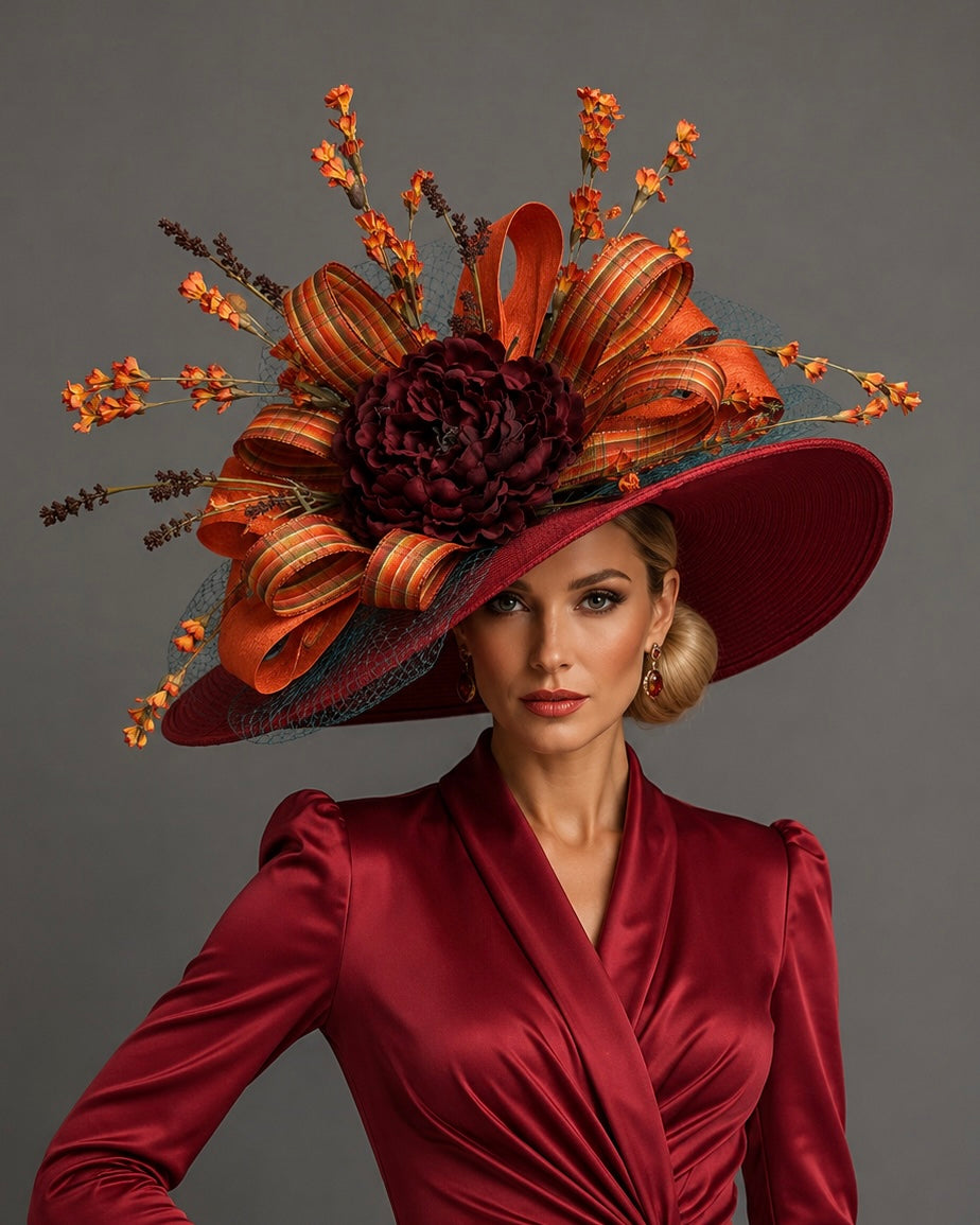 Emily Red Orange - Kentucky Derby Hat - Church Hat