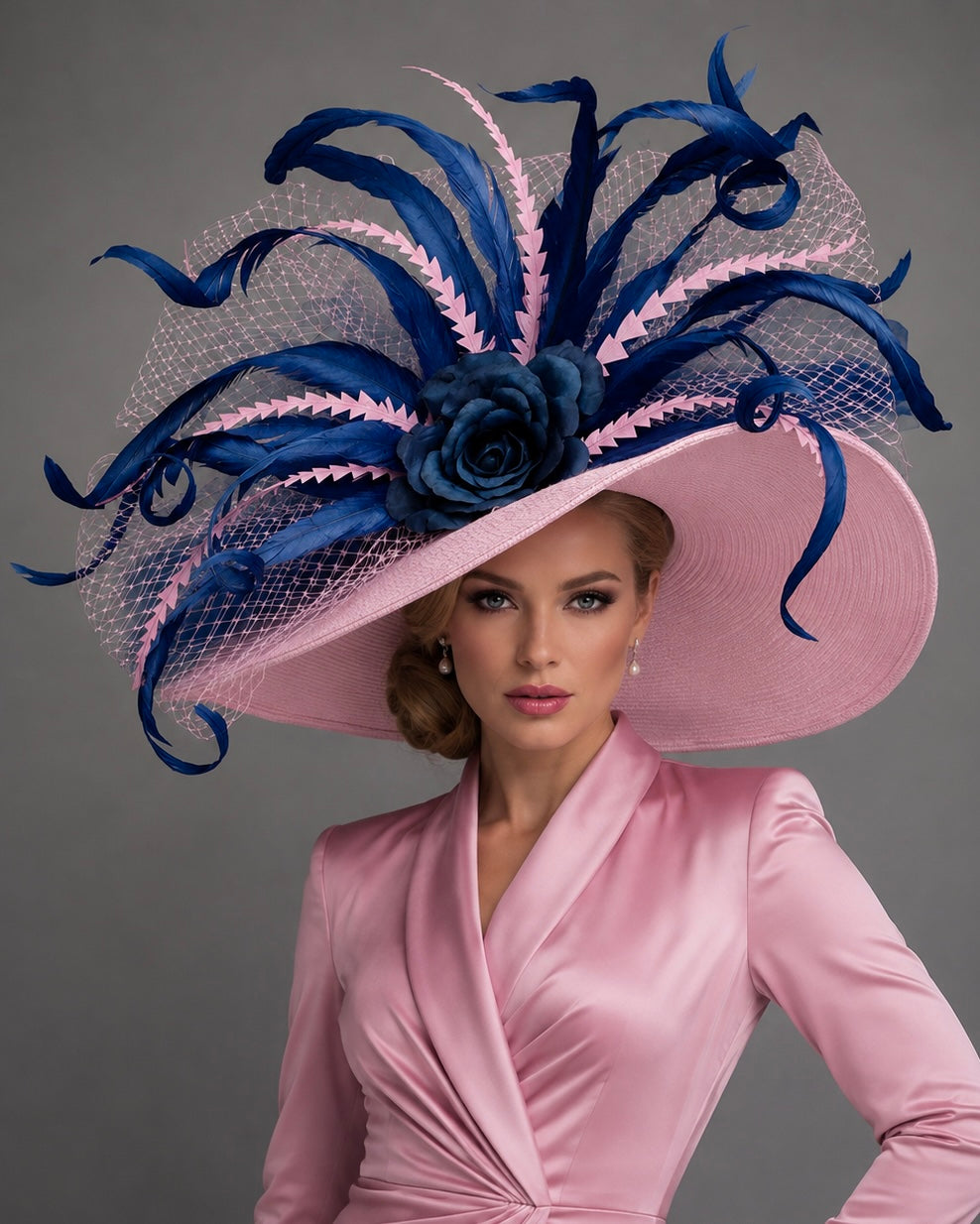 Jina - Kentucky Derby Hat - Pink Navy Blue Church Hat