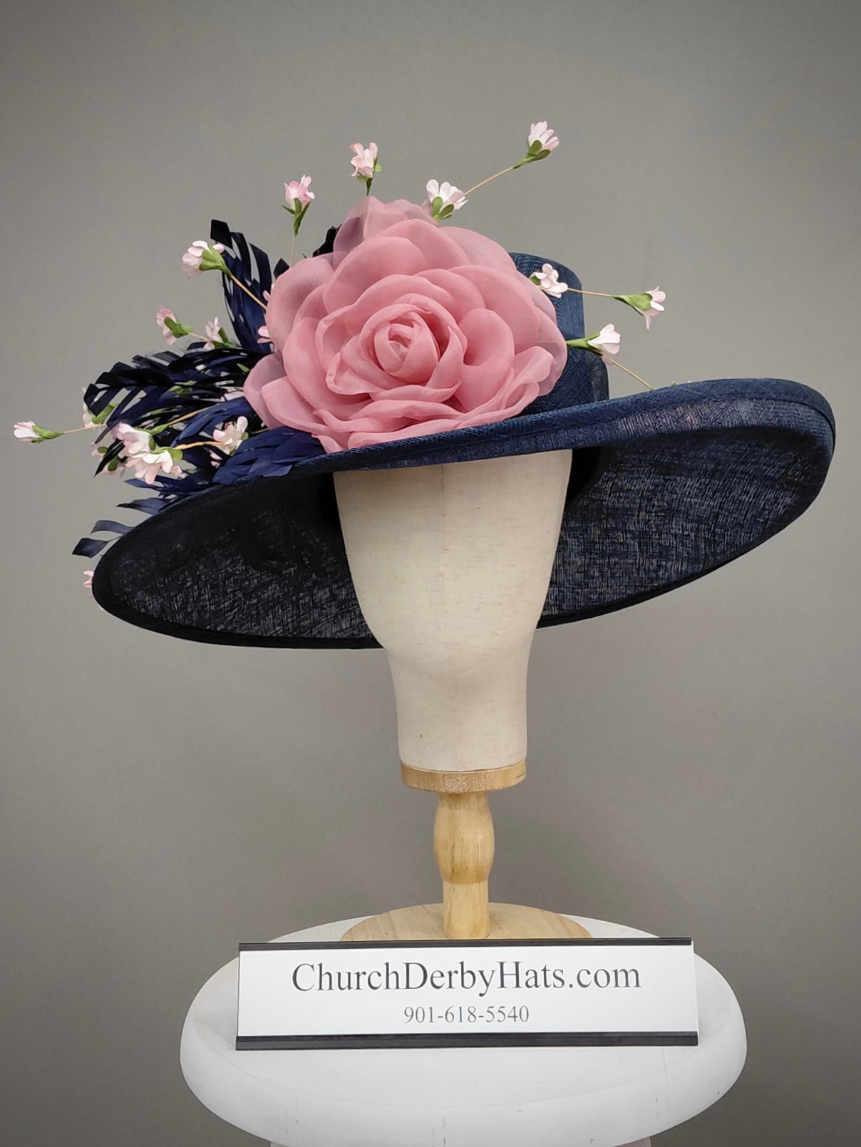 Amanda Navy Pink Sinamay - Church Derby Hat