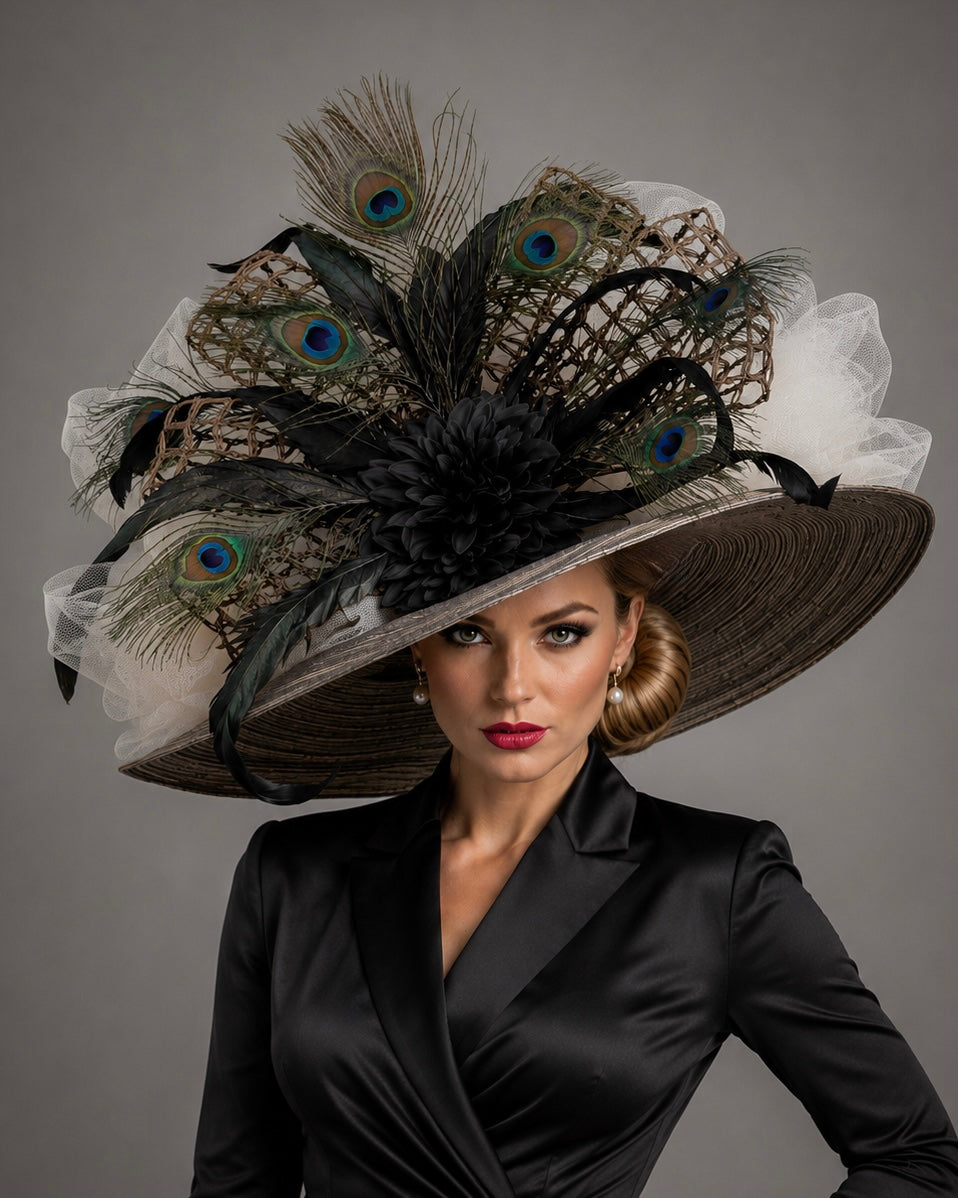 Tiger - Kentucky Derby Hat with Black Brown and Peacock Feathers
