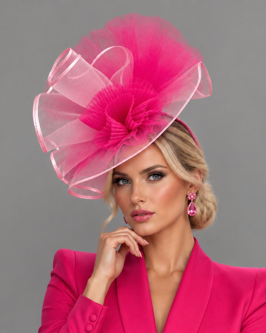 Kindie Pink White Fascinator on Headband - Kentucky Derby Hat