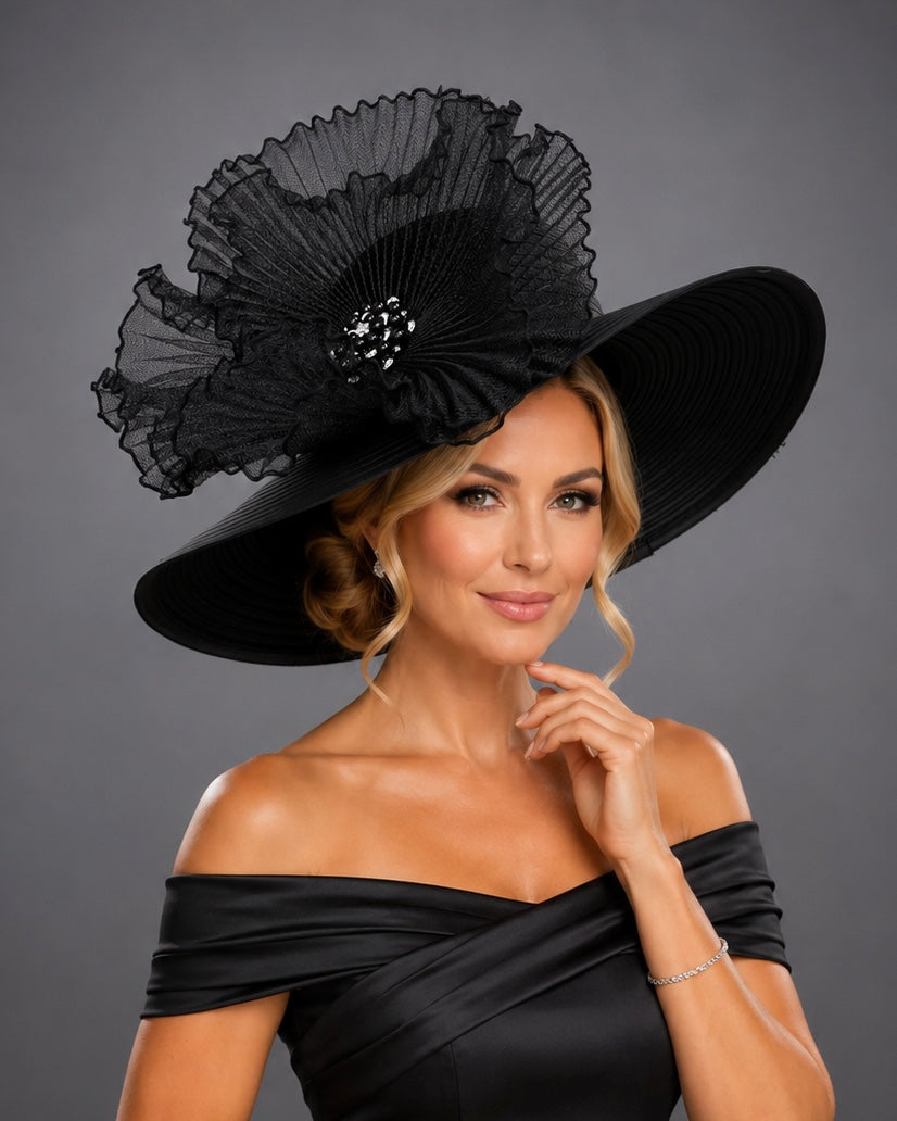 Black Satin Ribbon with Brooch - Church Derby Hat