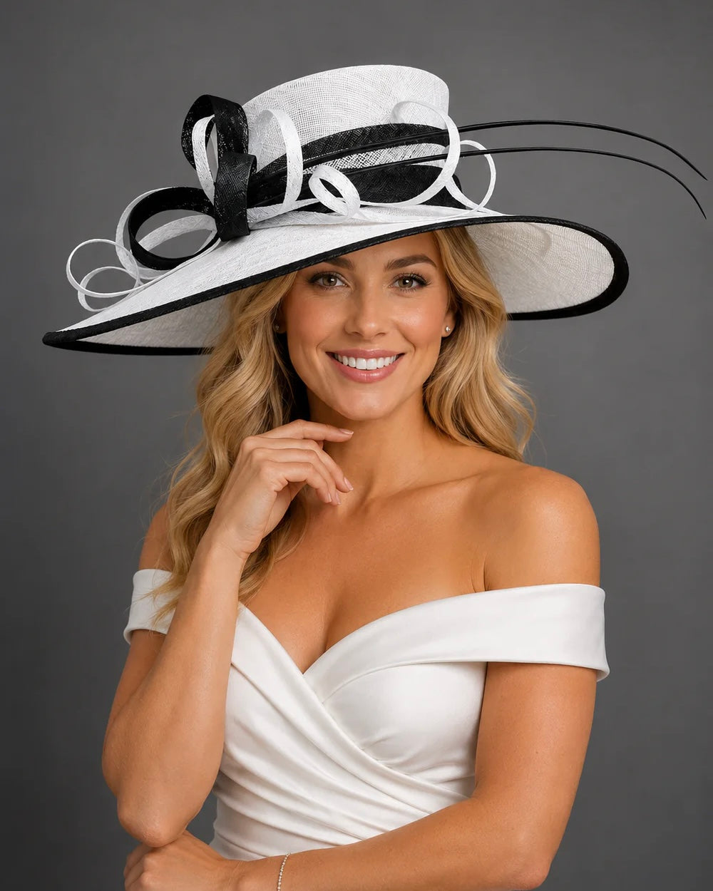Elizabeth Black White Sinamay - Church Derby Hat