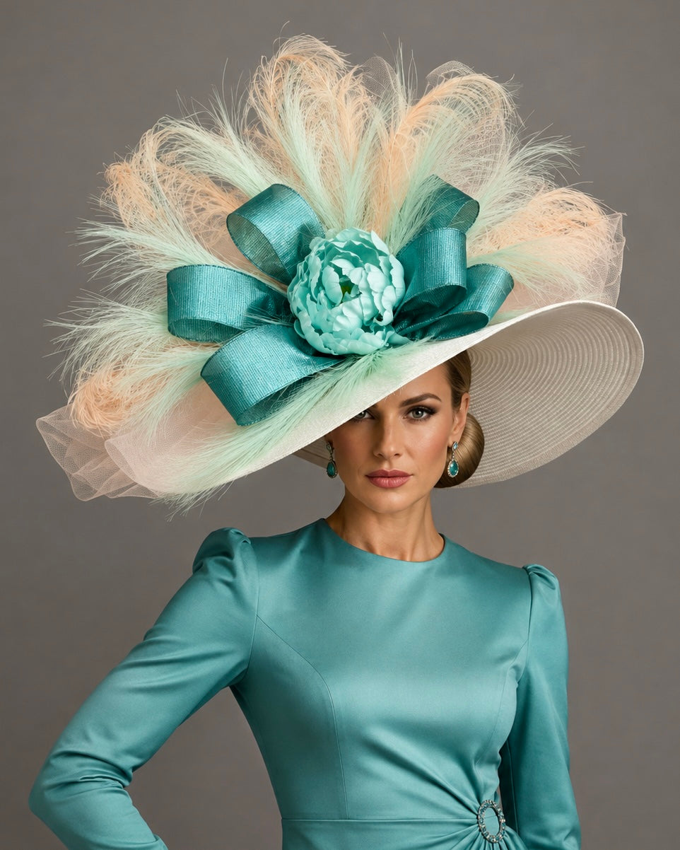 Arel White Peach Turquoise - Kentucky Derby Hat - Church Hat