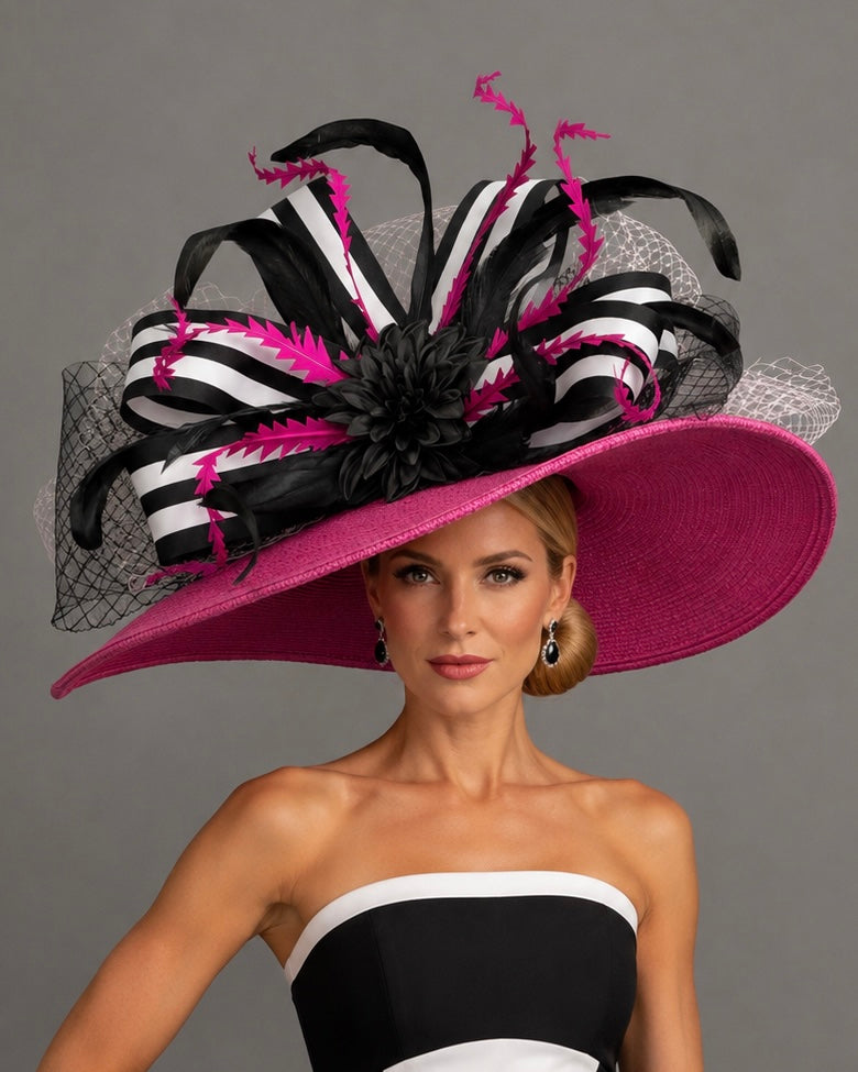 Farah - Pink White Black - Kentucky Derby Hat