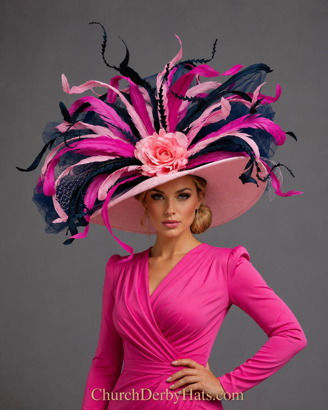 Hillary Pink Navy - Church Derby Hat