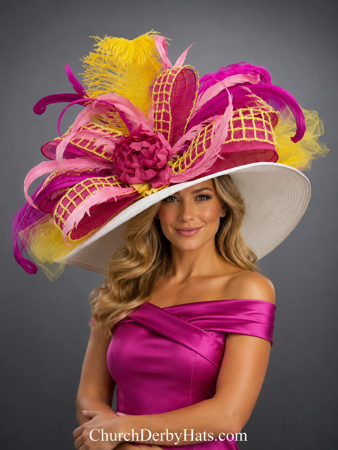 Janelle Pink Yellow White - Kentucky Derby Hat
