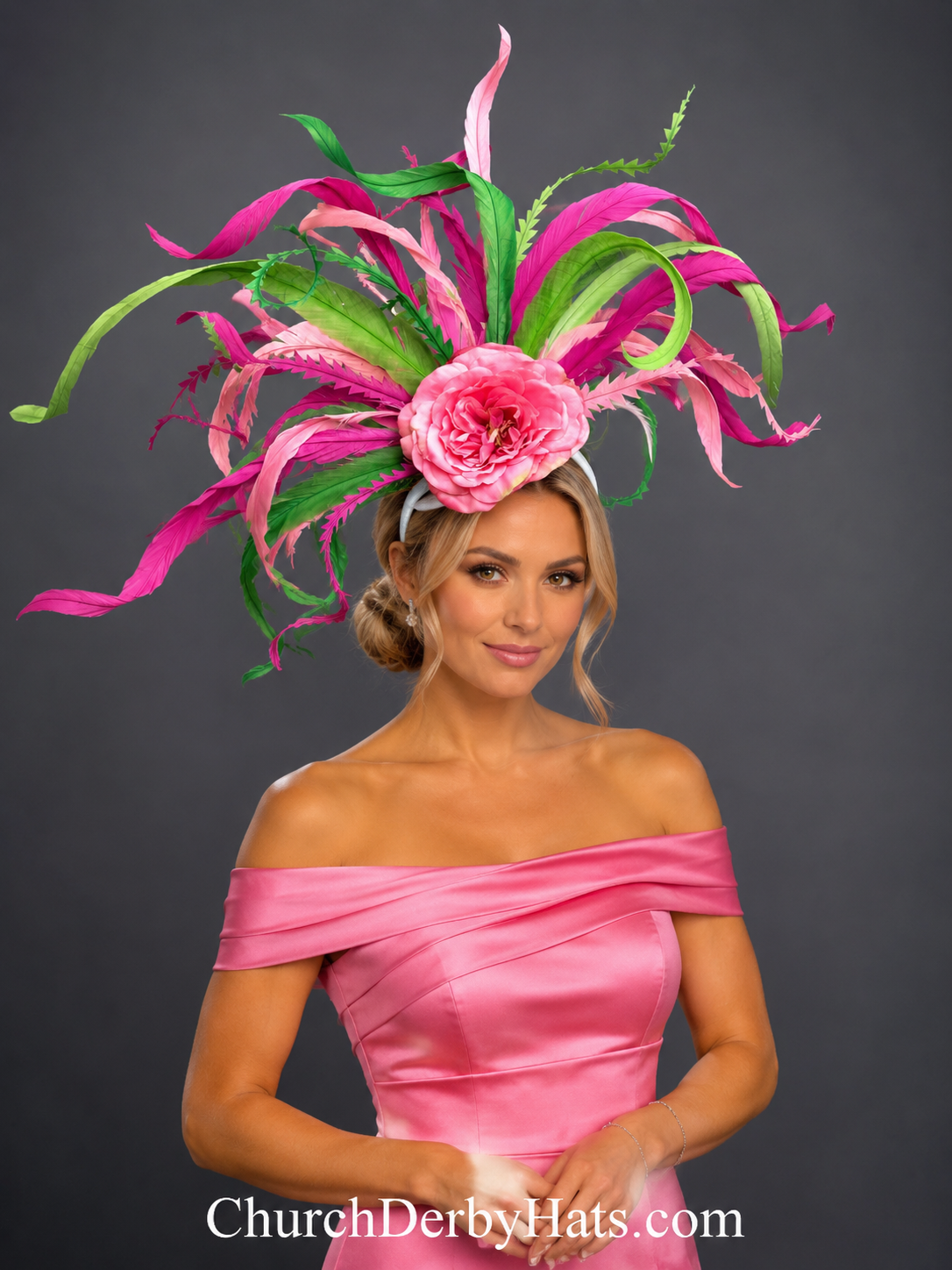 Poppy Pink Green Fascinator - Kentucky Derby Hat