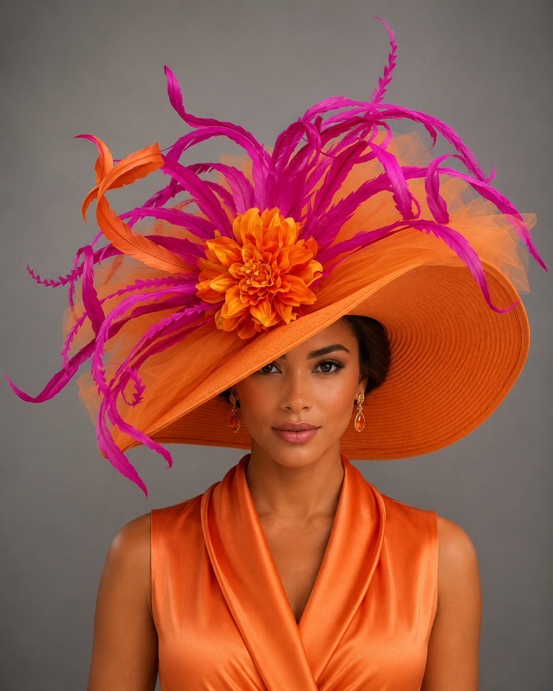 Lori - Bold Orange Fuchsia Kentucky Derby Hat - Church Hat