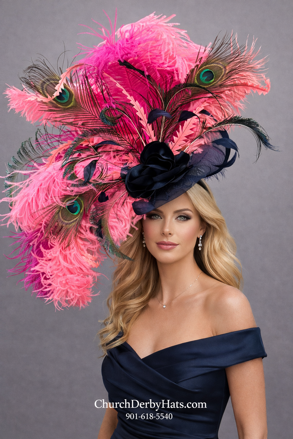 Navy Coral Pink Fascinator - Kentucky Derby Hat
