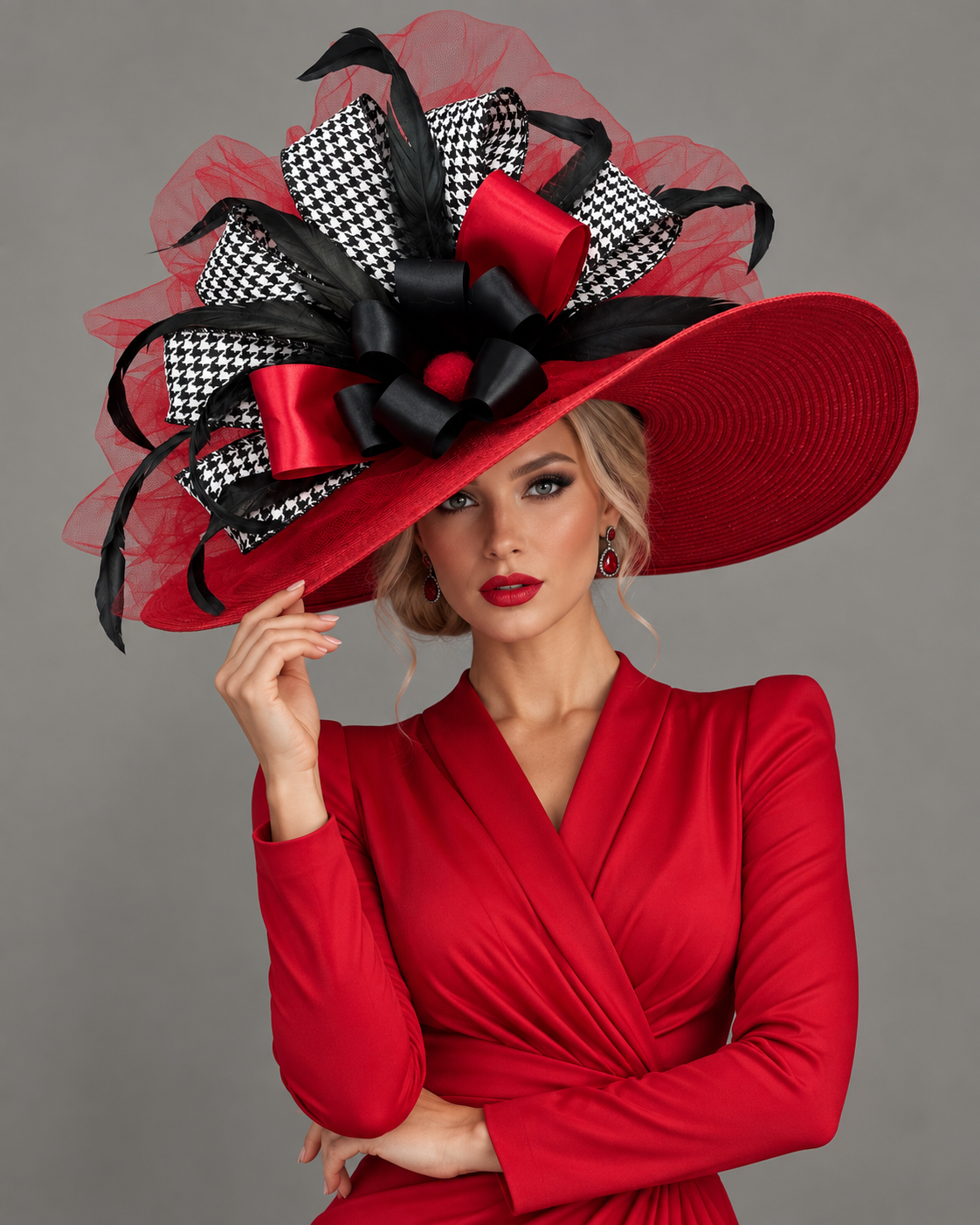 Houndstooth Red White Black - Kentucky Derby Hat - Church Hat