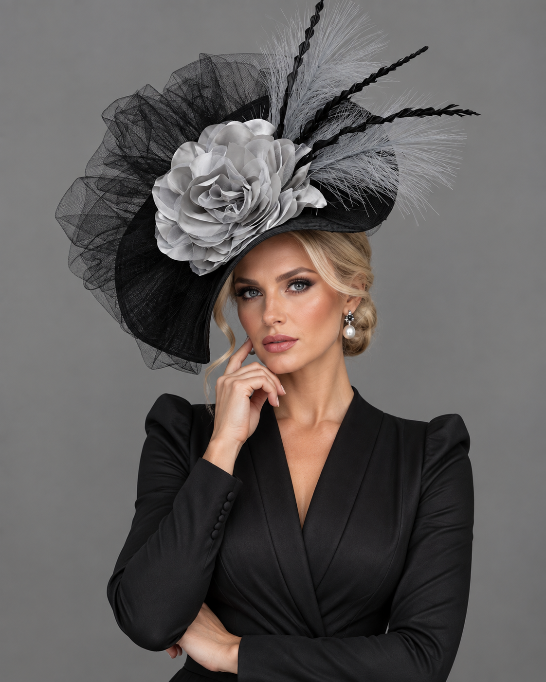 Jolene Black Gray - Kentucky Derby Hat - Fascinator on Headband