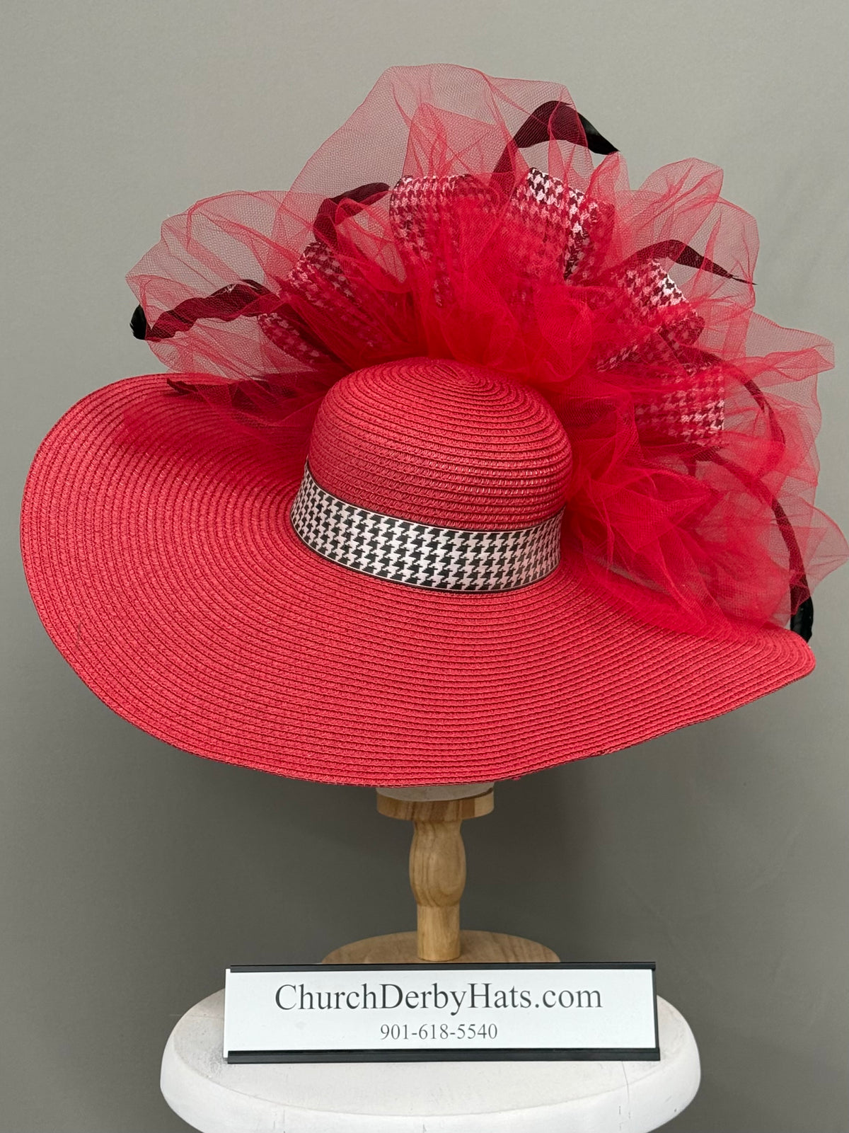 Houndstooth Red White Black - Kentucky Derby Hat - Church Hat